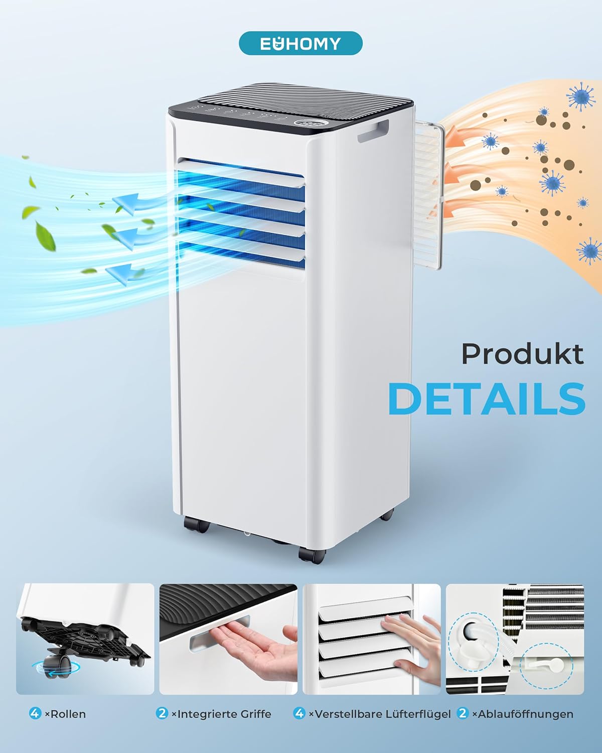Condizionatore Portatile 9000 BTU con Tubo di Scarico | Climatizzatore Mobile 4-in-1 | Funzionamento Silenzioso