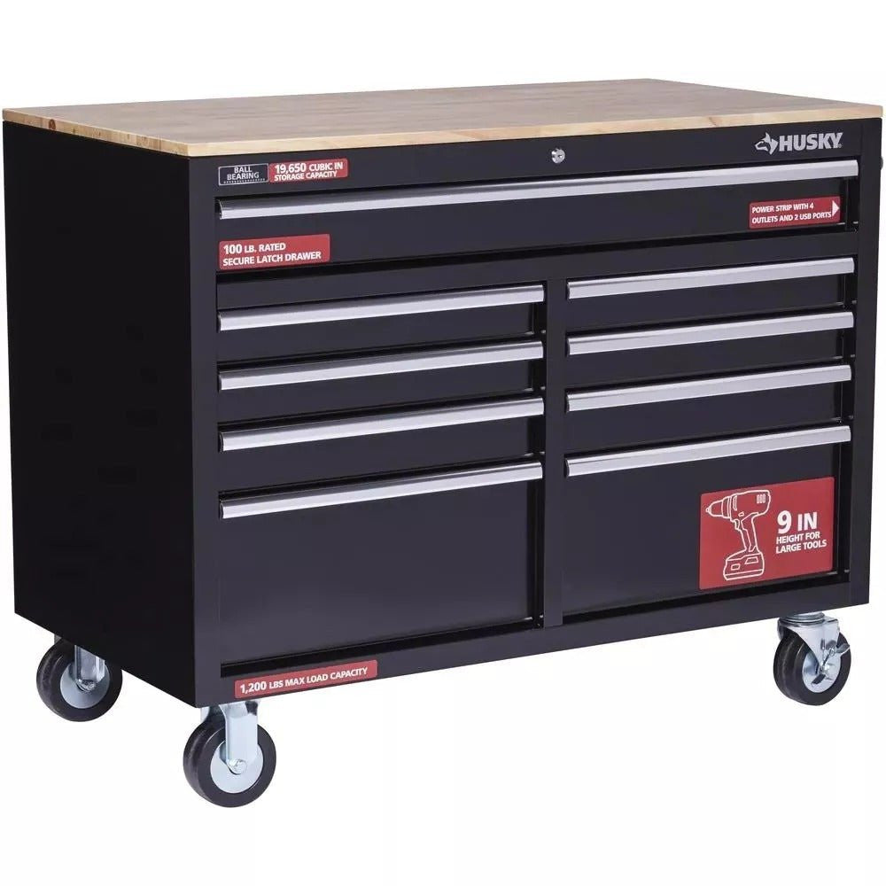 Cassettiera profonda a 9 cassetti, 117 cm L x 61 cm P, nera lucida, banco da lavoro mobile
