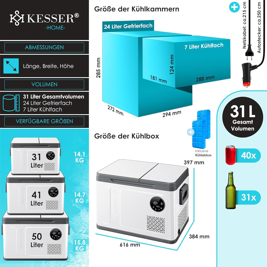 KESSER® Frigorifero Portatile a Compressore 2in1 Doppia Zona Fredda & Congelatore, Box Congelatore Elettrico con 2x Ghiaccioli & Controllo Touch LED | Refrigerazione fino a -20 °C per Campeggio, Auto, Camion 12/24V 230V