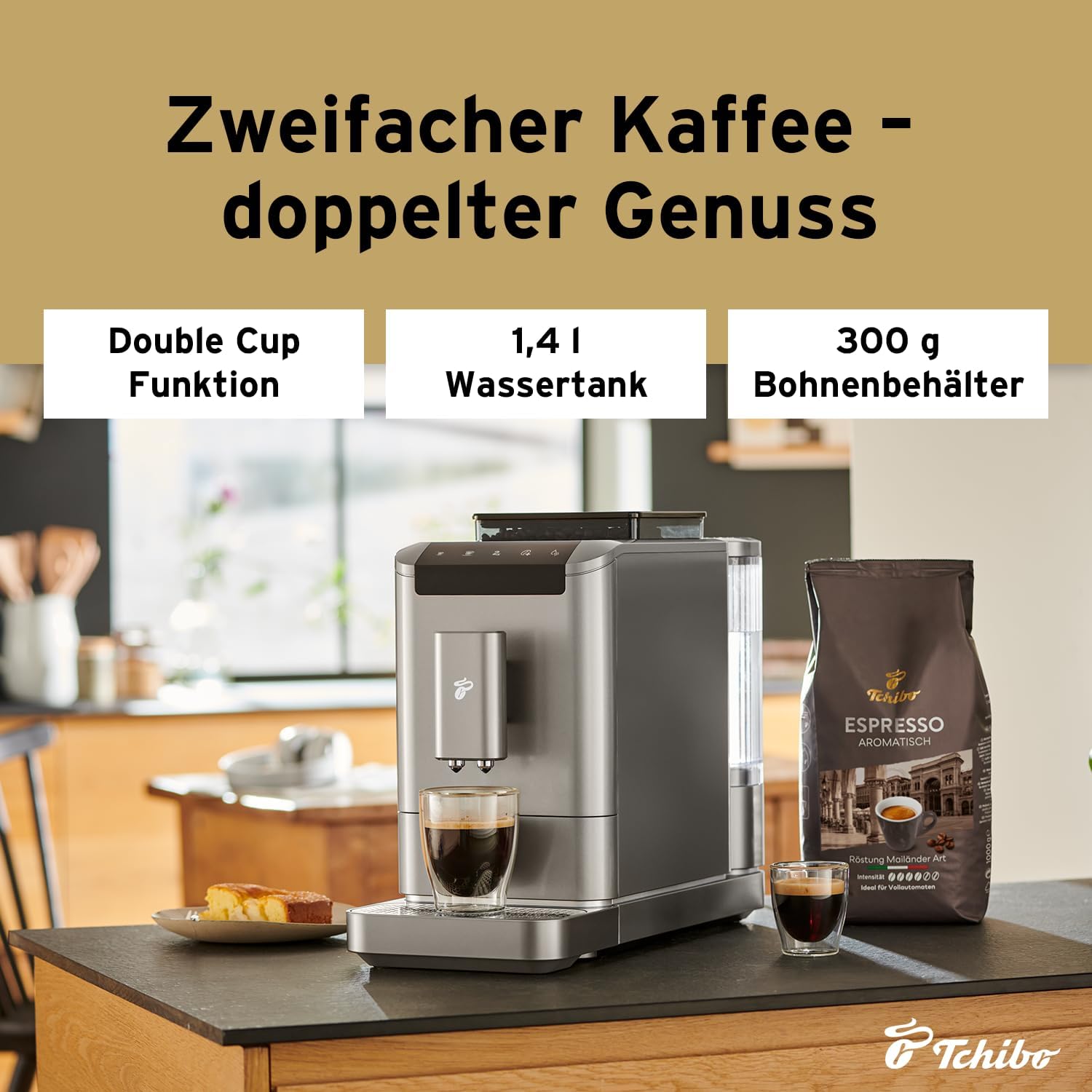 Tchibo Macchina da caffè automatica Esperto2 Caffè con funzione 2 tazze per Caffè Crema ed Espresso, Nero Granito - INCLUSO set di prova caffè GRATUITO