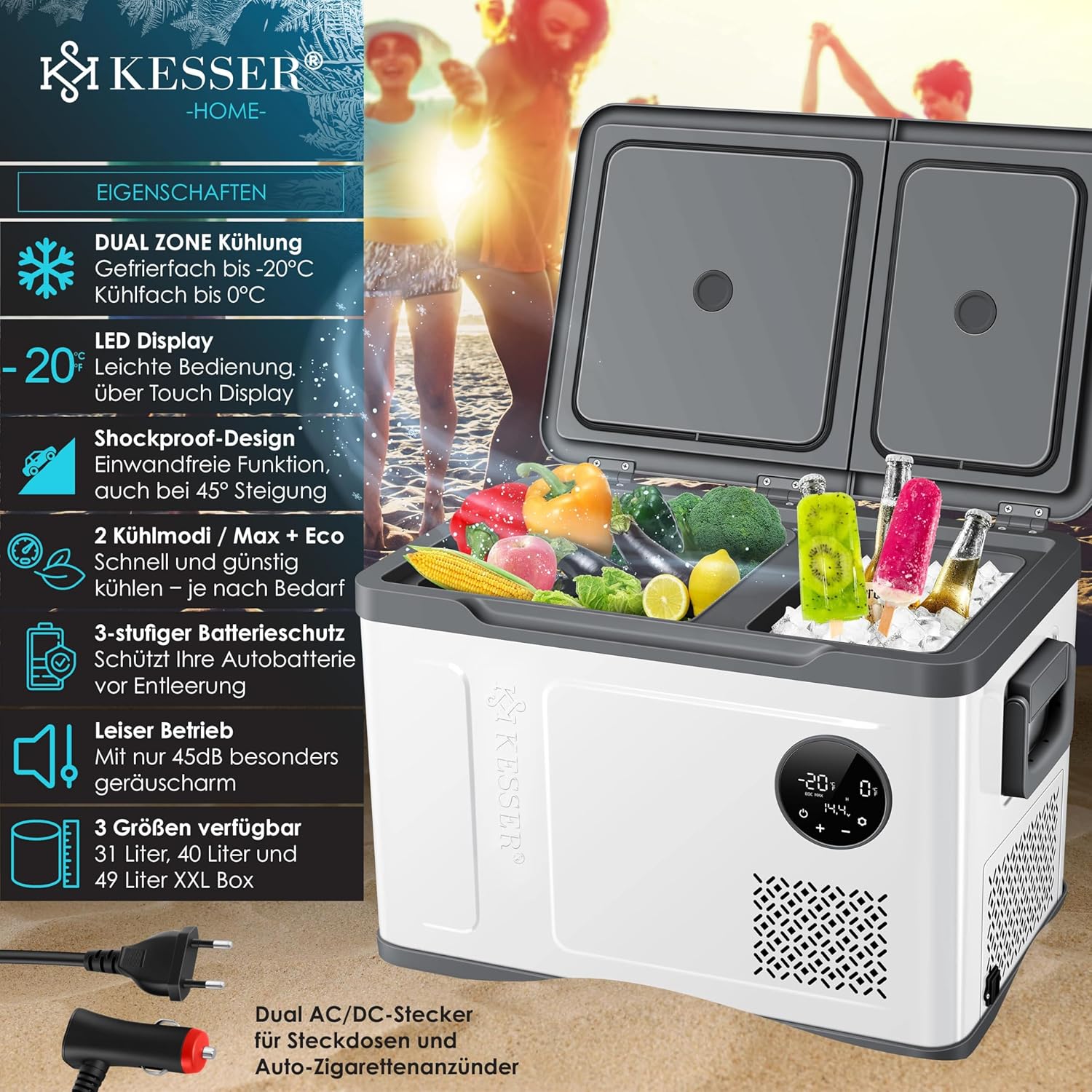 KESSER® Frigorifero Portatile a Compressore 2in1 Doppia Zona Fredda & Congelatore, Box Congelatore Elettrico con 2x Ghiaccioli & Controllo Touch LED | Refrigerazione fino a -20 °C per Campeggio, Auto, Camion 12/24V 230V