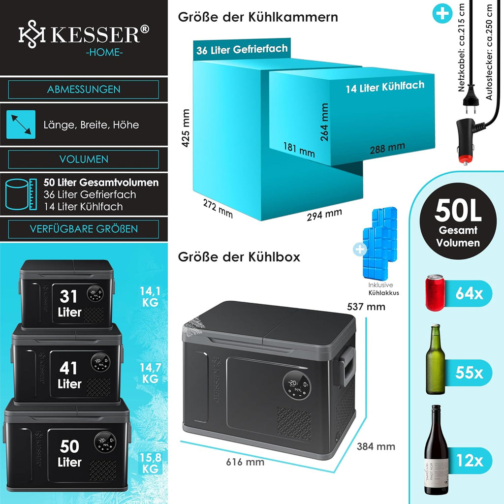 KESSER® Frigorifero Portatile a Compressore 2in1 Doppia Zona Fredda & Congelatore, Box Congelatore Elettrico con 2x Ghiaccioli & Controllo Touch LED | Refrigerazione fino a -20 °C per Campeggio, Auto, Camion 12/24V 230V
