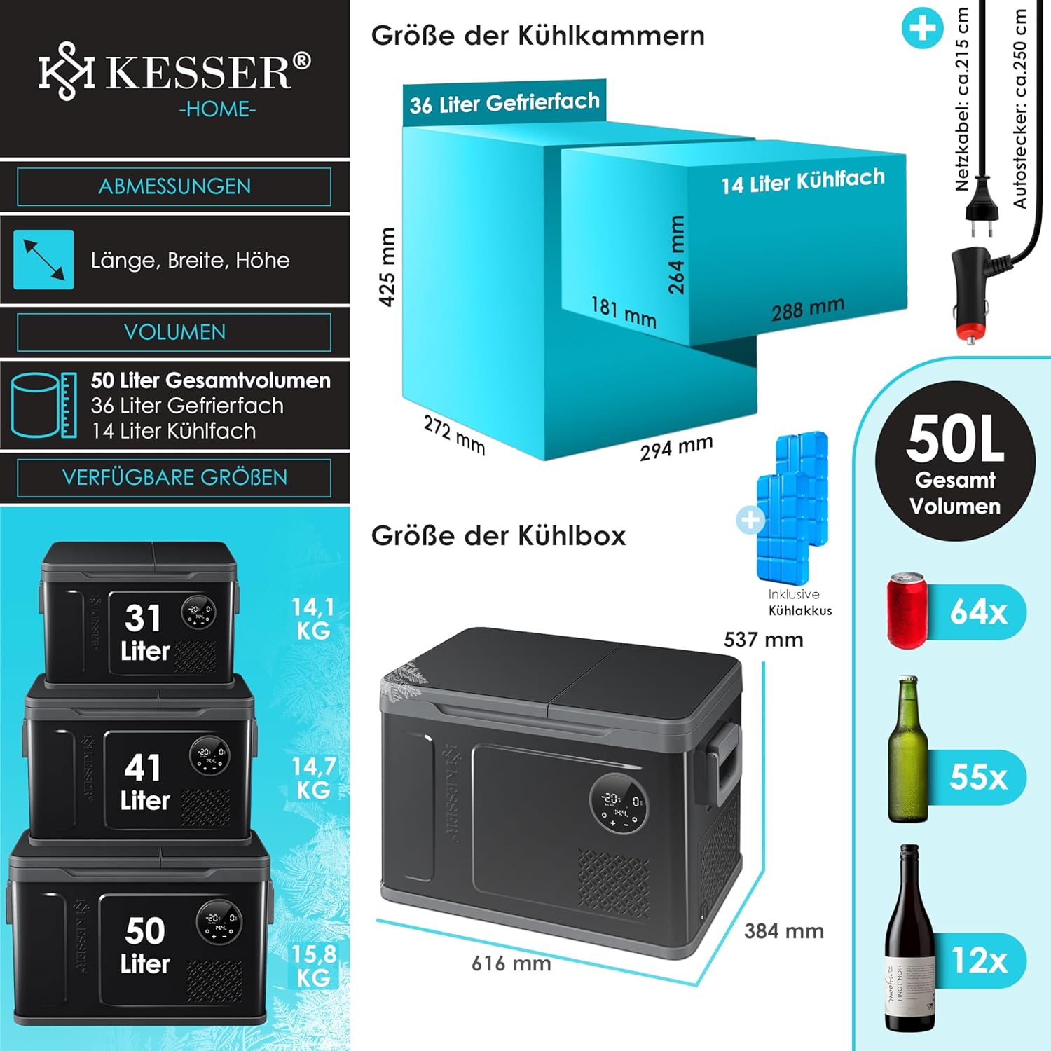 KESSER® Frigorifero Portatile a Compressore 2in1 Doppia Zona Fredda & Congelatore, Box Congelatore Elettrico con 2x Ghiaccioli & Controllo Touch LED | Refrigerazione fino a -20 °C per Campeggio, Auto, Camion 12/24V 230V
