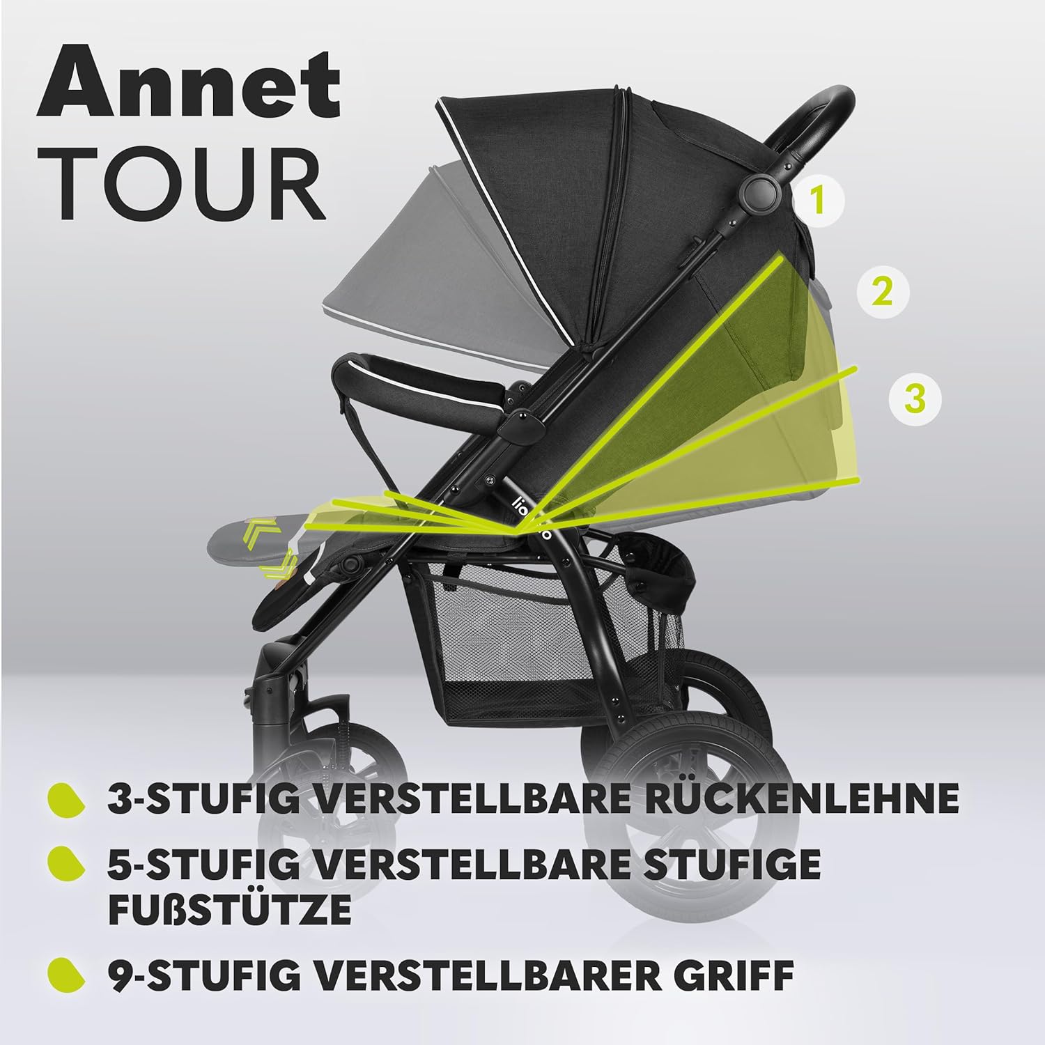 LIONELO Annet Tour Kinderwagen bis 22 kg, verstellbarer Griff, zusammenklappbar, verstellbare Rückenlehne bis zur Liegeposition, wartungsfreie Räder, XXL-Verdeck, 5-Punkt-Gurt, Einkaufskorb