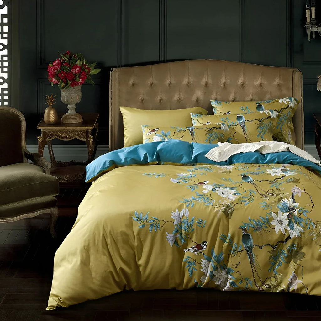 Piumone YellowSilk - Elegante set di biancheria da letto floreale con motivi di uccelli e piante