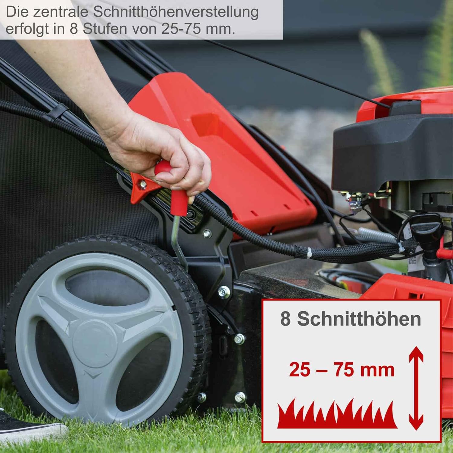 Scheppach MS150-46E Rasaerba a benzina con avviamento elettrico | Larghezza di taglio 46 cm | Funzione di pulizia | Cesto di raccolta da 55 litri | Scocca in acciaio | Regolazione altezza a 7 posizioni | Funzione mulching | Trazione | Scarico laterale
