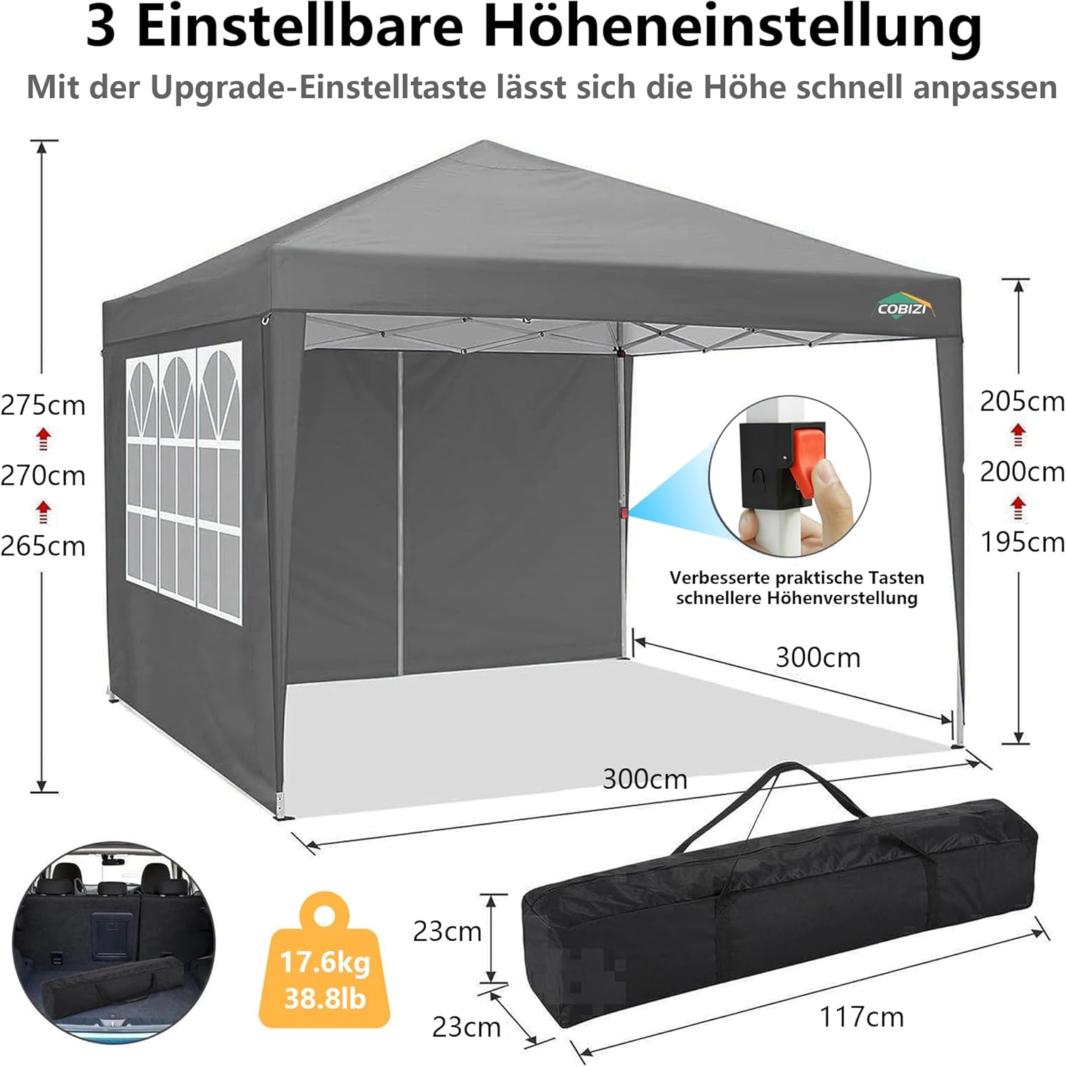 COBIZI Gazebo Pieghevole 3x6 Impermeabile Stabile con 6 Pareti Laterali, Tenda a Padiglione con Tetto a Punta, 3 Altezze Regolabili, Protezione UV, Borsa per Il Trasporto, Picchetti, Corde per Giardino, Matrimoni, Mercati, Eventi all'Aperto