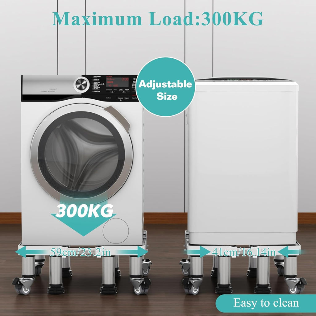 DEWEL Base Regolabile per Lavatrice, Carico Massimo 300KG, Supporto Piedistallo per Asciugatrice, Frigorifero, Congelatore, Larghezza 45-65cm, Altezza 18–22cm, Bianco