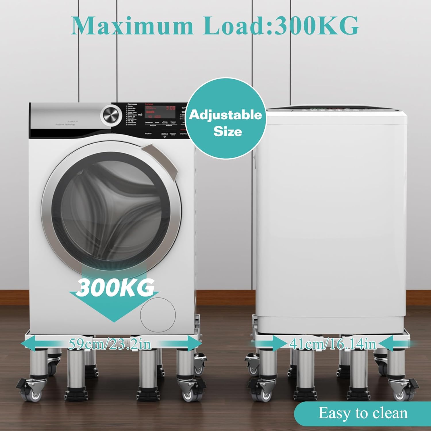 DEWEL Base Regolabile per Lavatrice, Carico Massimo 300KG, Supporto Piedistallo per Asciugatrice, Frigorifero, Congelatore, Larghezza 45-65cm, Altezza 18–22cm, Bianco