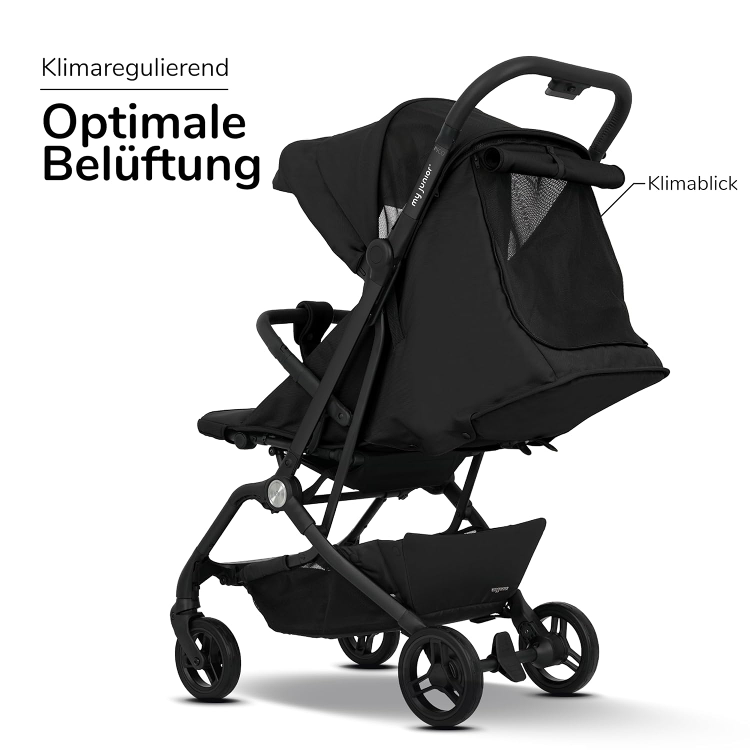 my junior® Buggy PICO³ | bis 22kg | Einhand AutoFold-Klappmechanismus | Ergonomische Liegeposition nach IGR e.V. | großes Sonnenverdeck UV50+ | Handgepäckmaß | 2 Belüftungsfenster Hazel - Black