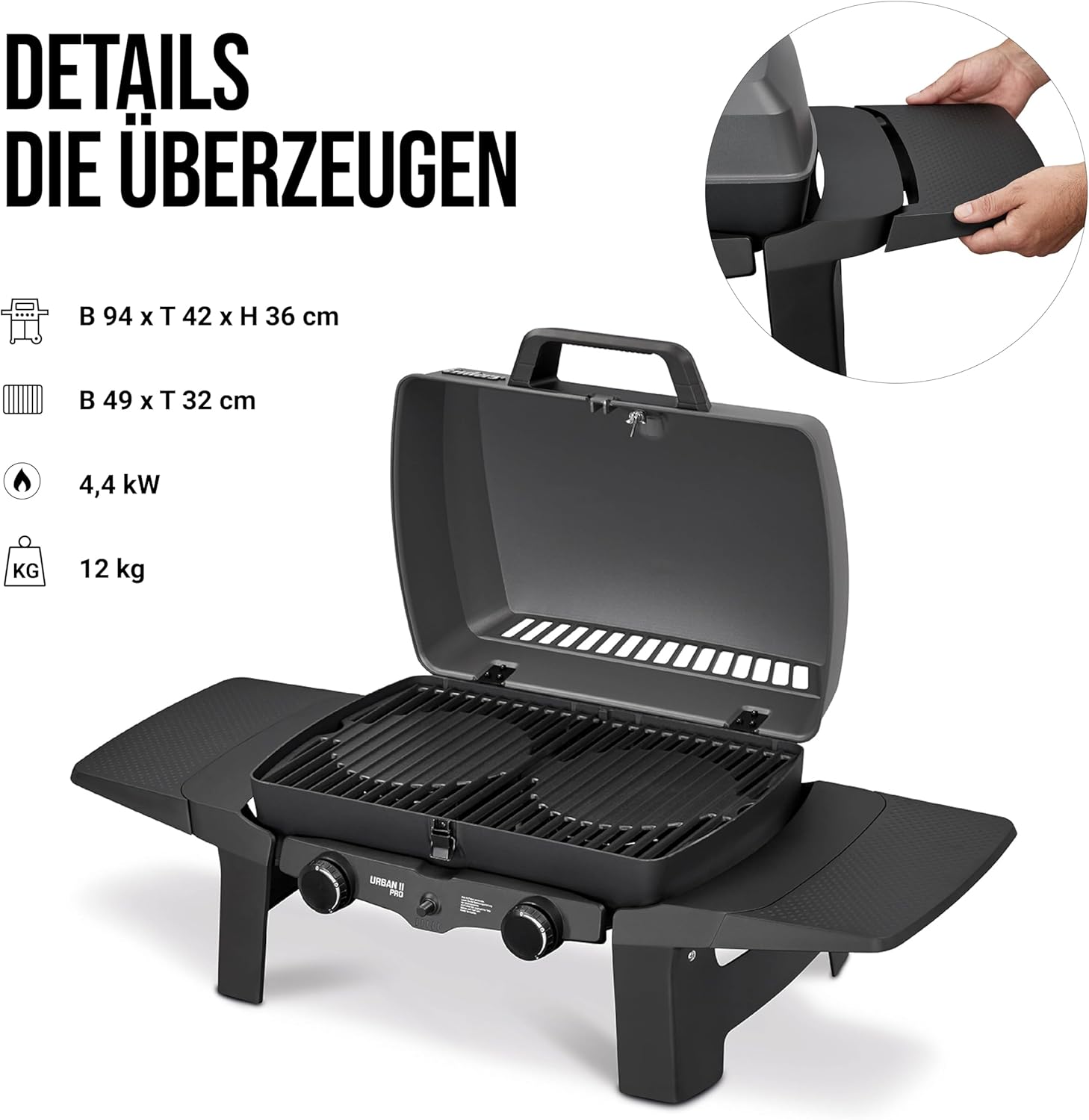 Enders Gasgrill Urban II Pro, barbecue da tavolo, funzione grill, cottura e forno, 2 bruciatori in acciaio inox, con termometro per grill, barbecue da balcone e campeggio, corpo in alluminio pressofuso, griglia in ghisa, #2062