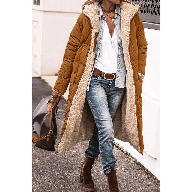Lozenda - Reversible Sherpa Fleece lange Puffermntel mit Kapuze Oberbekleidung