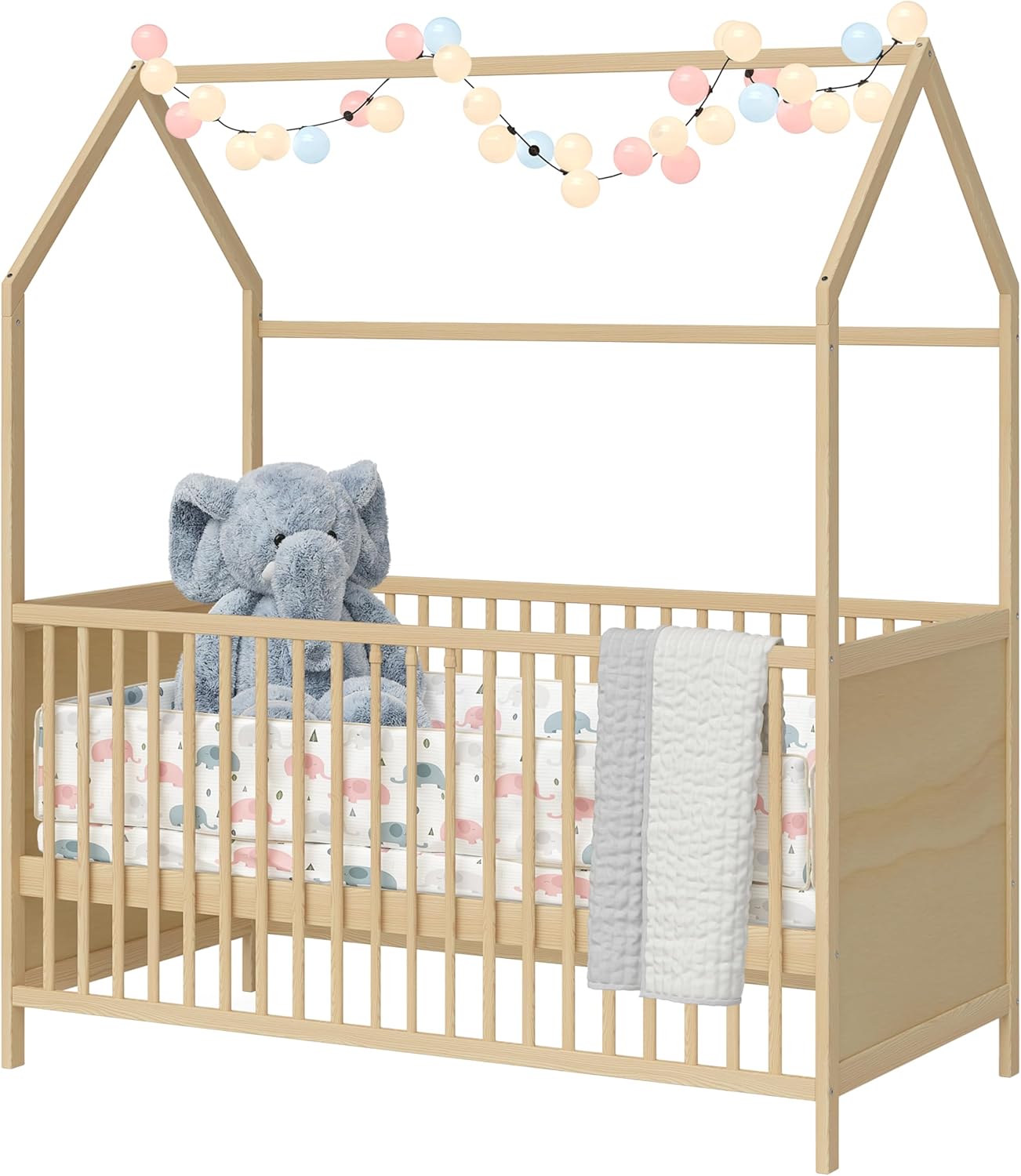 Bellabino Nika Lettino a capanna 70 x 140 cm, letto con sbarre e lettino a capanna per bambini e neonati in pino massiccio bianco, regolabile in altezza su 3 posizioni, incl. rete a doghe