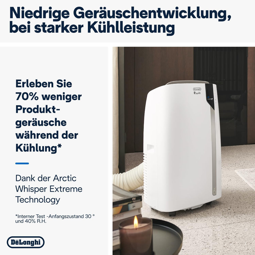 De'Longhi Pinguino PAC EM82, Condizionatore Portatile per ambienti fino a 80 m, 9.400 BTU, 2,4 kW, 63 dB, Funzione Deumidificatore, Classe Energetica A, Timer 24h, Bianco