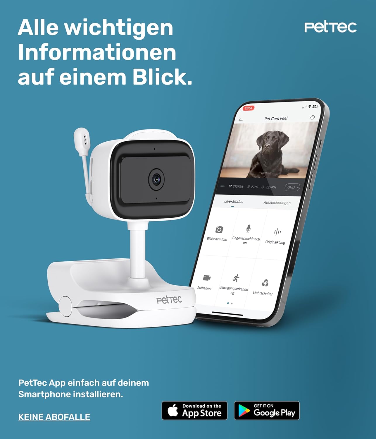 PetTec Videocamera per animali domestici a 360° e distributore automatico di cibo con espulsione di crocchette - tramite App e pulsante multifunzione - Rilevamento dei latrati - Funzione visione notturna 3MP - Telecamera per cani e gatti