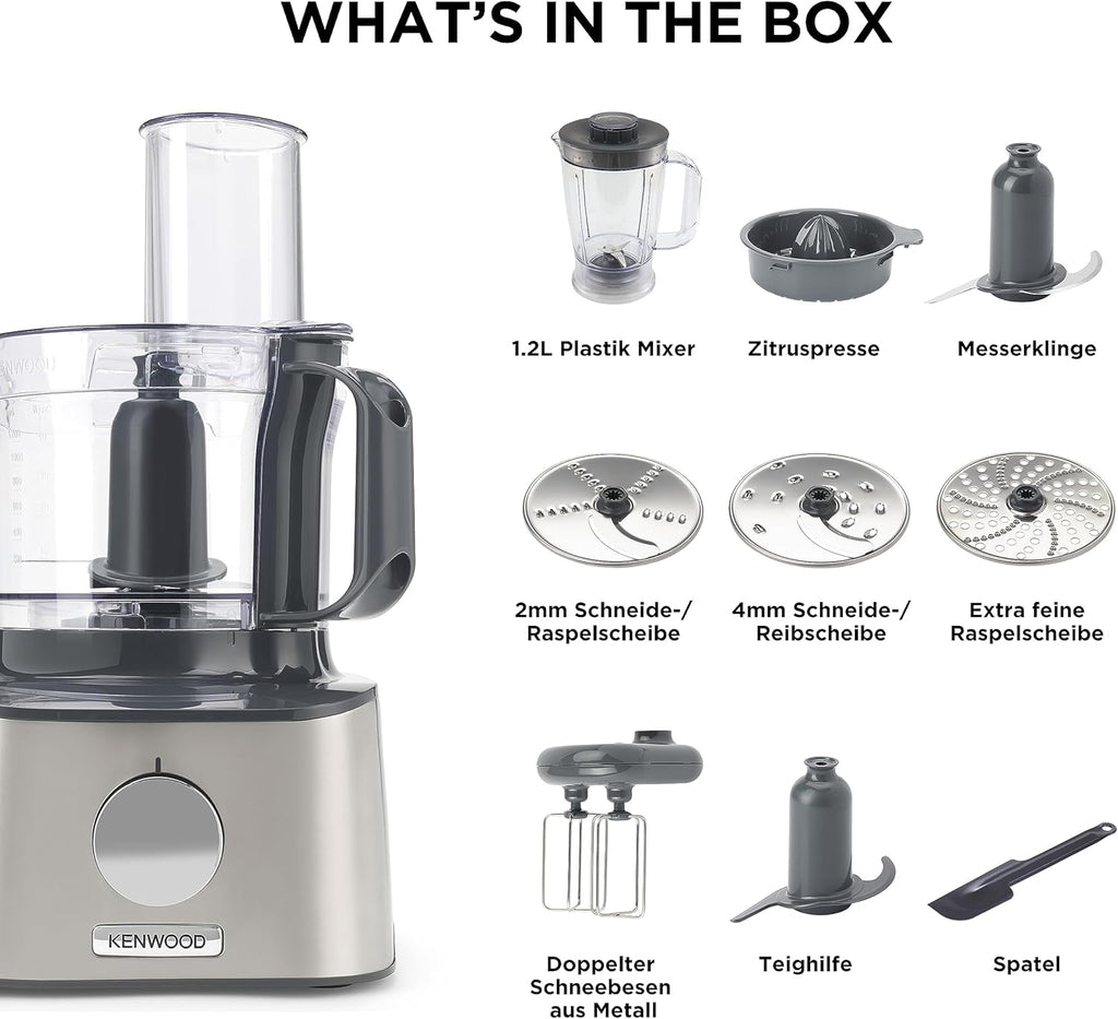 Kenwood MultiPro OneTouch FDM73.480SS – 2-in-1 Kompakt-Küchenmaschine & Mixer, 6 Zubehörteile, 6 Automatikprogramme, Variable Geschwindigkeit & Pulse-Funktion, Integrierte Waage, 1000 W, Silber