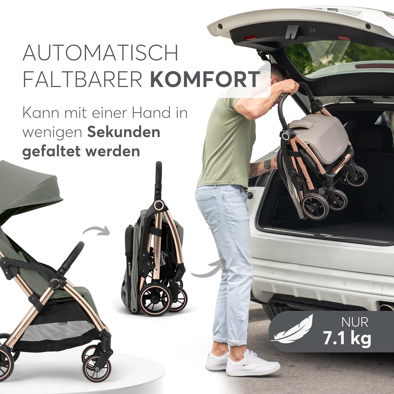 KikkaBoo EDEN Passeggino, passeggino fino a 22 kg, chiusura automatica, posizione reclinata, ultraleggero, compatto, nero