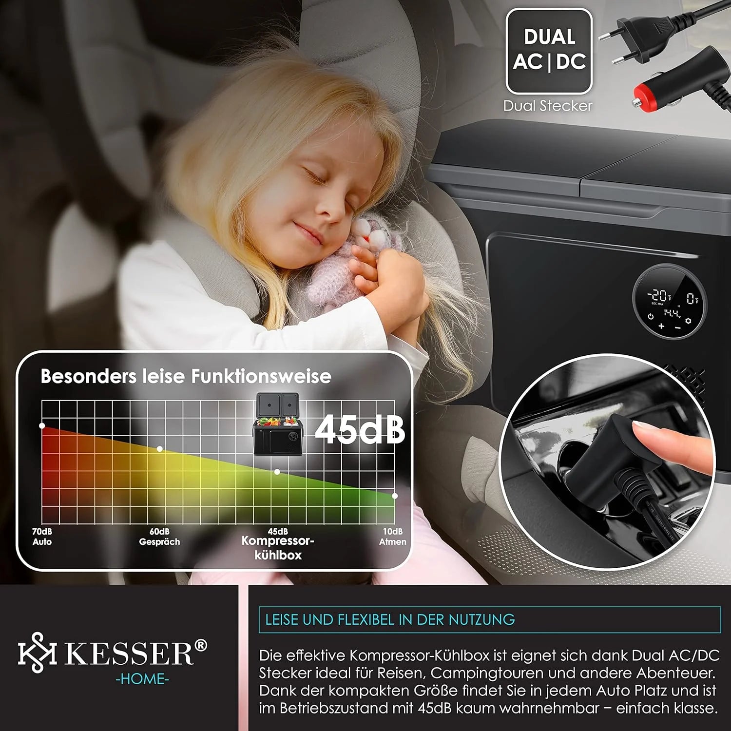 KESSER® Frigorifero portatile a compressore 2in1 doppia zona frigo e congelatore, congelatore elettrico con 2 accumuli di freddo e controllo touch LED | Refrigerazione fino a -20 °C per campeggio, auto, camion 12/24V 230V