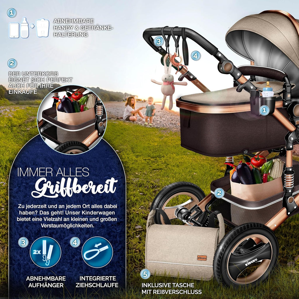 KIDUKU® Set completo passeggino 3 in 1 | Set passeggino combinato con navicella e sedile sportivo passeggino e seggiolino auto ovetto sacco a pelo | Ruote in gomma piena borsa per il cambio scaldamani parapioggia tavolino ECE R129