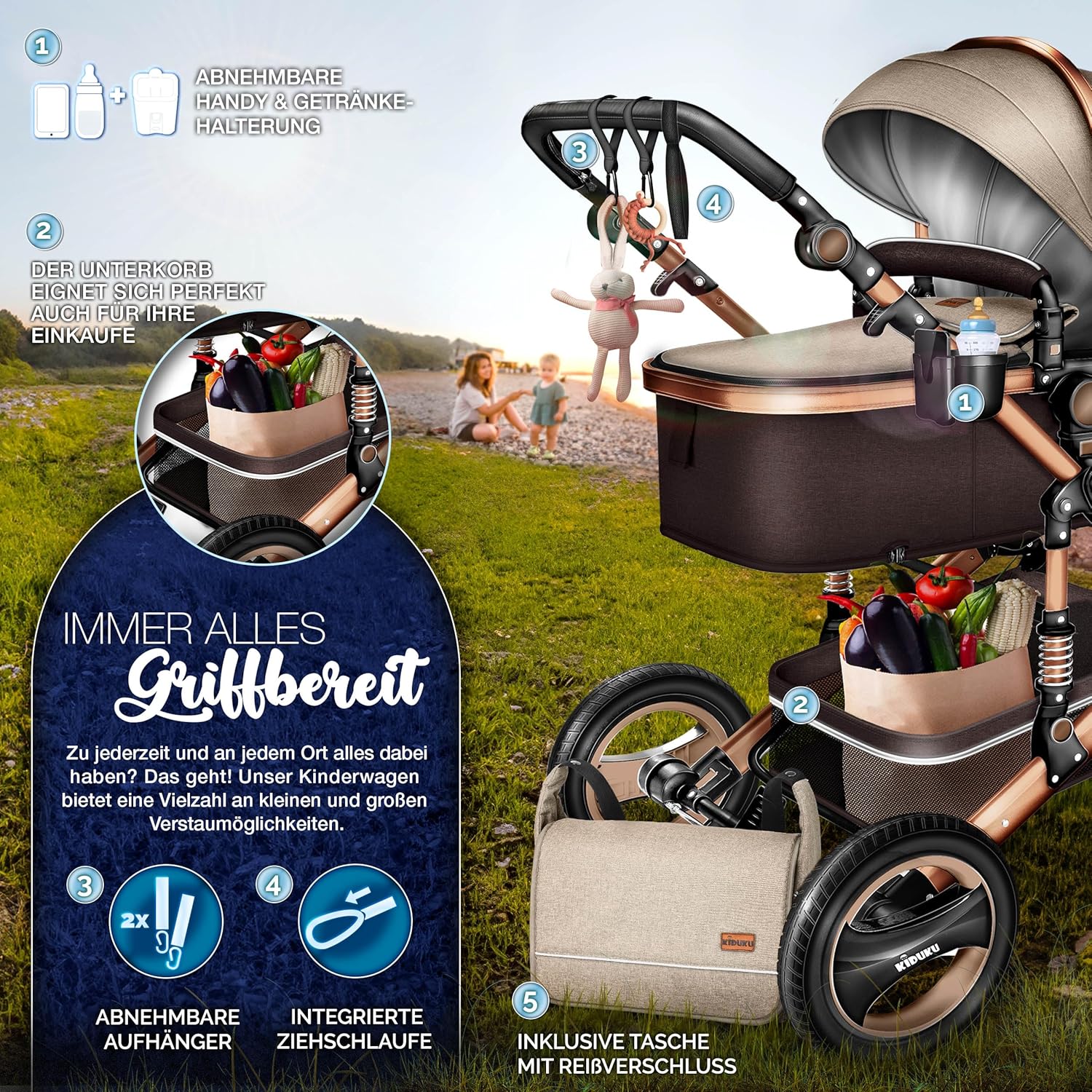 KIDUKU® Set completo passeggino 3 in 1 | Set passeggino combinato con navicella e sedile sportivo passeggino e seggiolino auto ovetto sacco a pelo | Ruote in gomma piena borsa per il cambio scaldamani parapioggia tavolino ECE R129