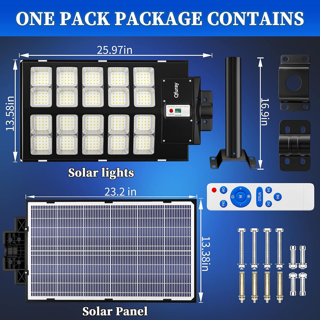 Ofuray 2000W Solar Straßenlaterne für Außen, 200000LM Solarlampen für Außen mit Bewegungsmelder, 6500K Solarleuchten Dämmerung bis zum Morgengrauen, IP67 Wasserdichte wegeleuchte für Parkplatz, Hof