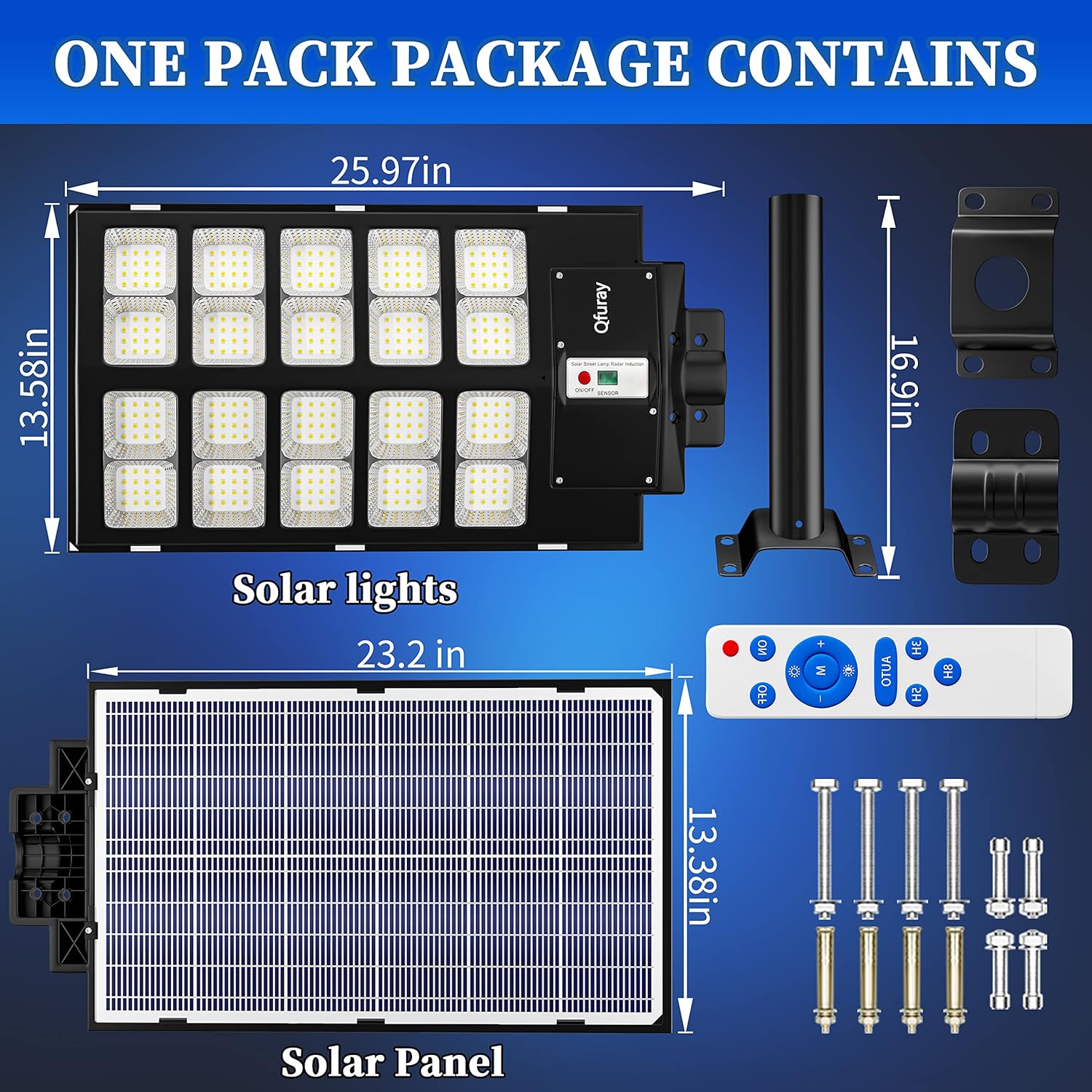 Ofuray 2000W Solar Straßenlaterne für Außen, 200000LM Solarlampen für Außen mit Bewegungsmelder, 6500K Solarleuchten Dämmerung bis zum Morgengrauen, IP67 Wasserdichte wegeleuchte für Parkplatz, Hof