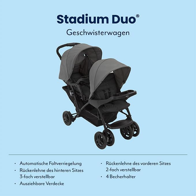 Graco Stadium Duo Passeggino Gemellare, 0-15 kg, utilizzabile anche con seggiolino auto, schienali reclinabili, pieghevole, sta in piedi da solo, ampio cestello portaoggetti, include vassoi portaoggetti, Titanium