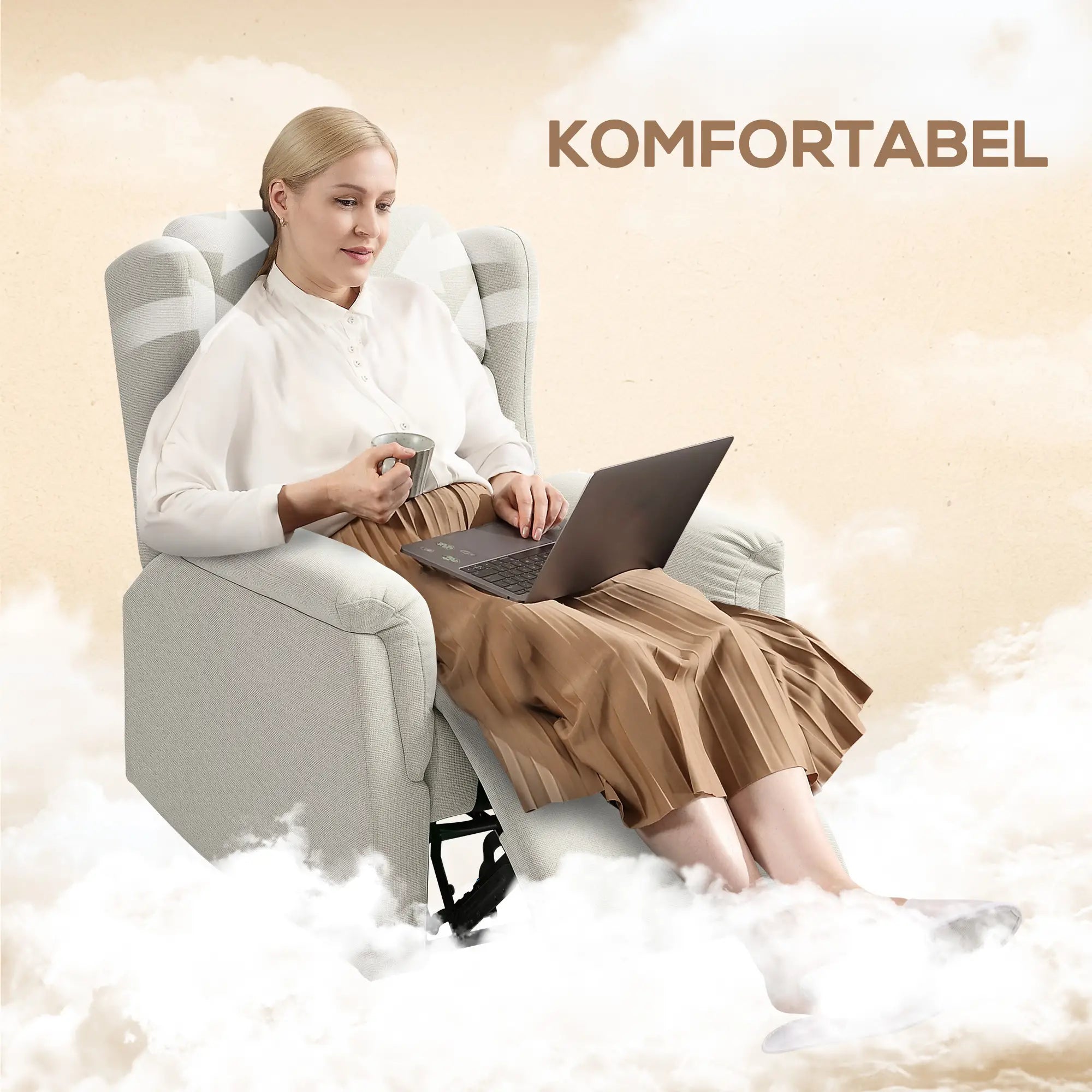 HOMCOM Poltrona TV reclinabile con schienale regolabile a 160° e molle insacchettate, beige