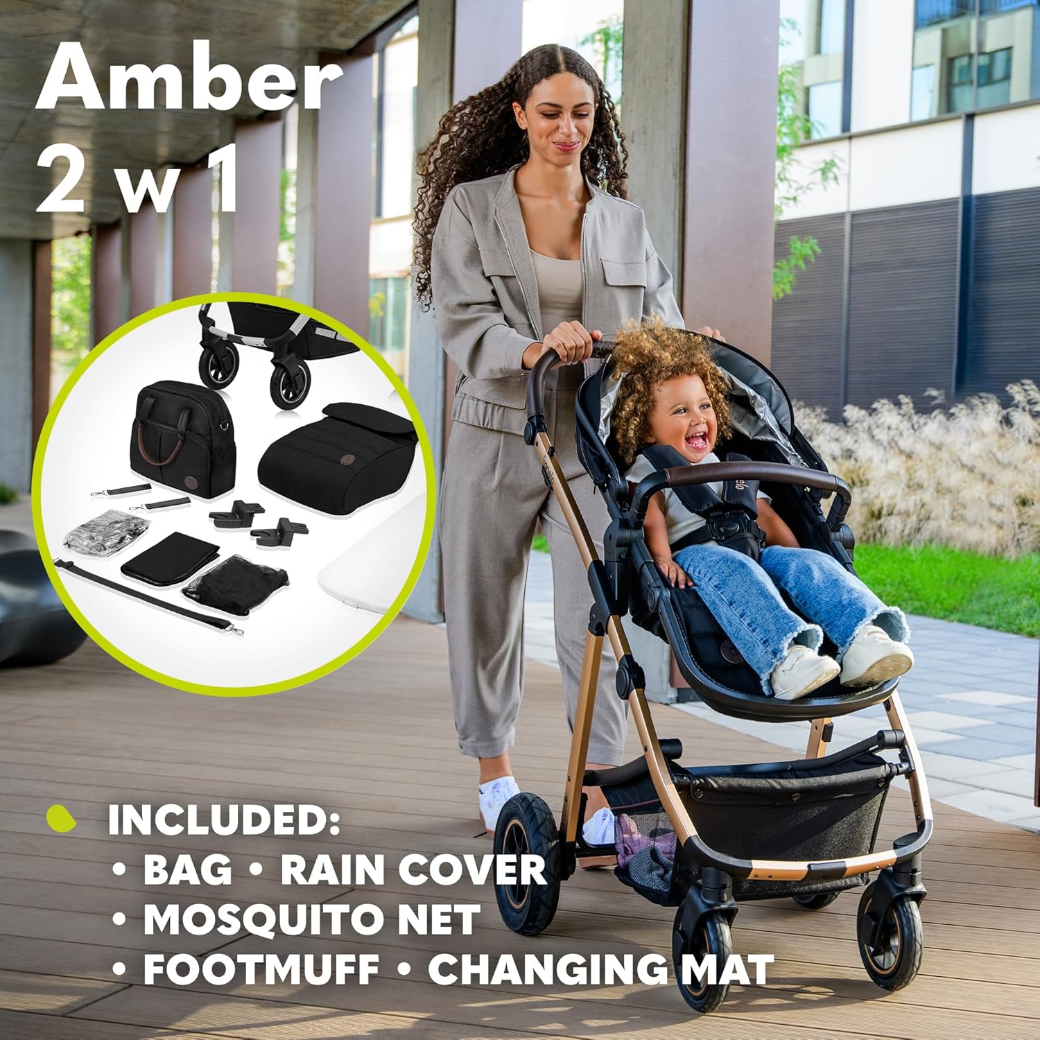 LIONELO Amber Kinderwagen 2 in 1 Kombikinderwagen, Kinderwagen Set mit sportlichen Sitz und fester Babywanne, Tasche, Moskitonetz, Abdeckung Regenblatt (Graphit)