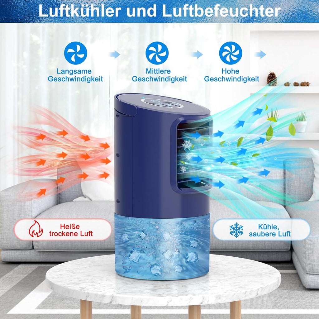 RenFox Condizionatore d'aria mini raffreddatore d'aria, 5 in 1 climatizzatore mobile, raffreddatore d'aria, ventilatore, umidificatore, 3 velocità, 7 LED, raffreddatore d'aria piccolo per casa e ufficio