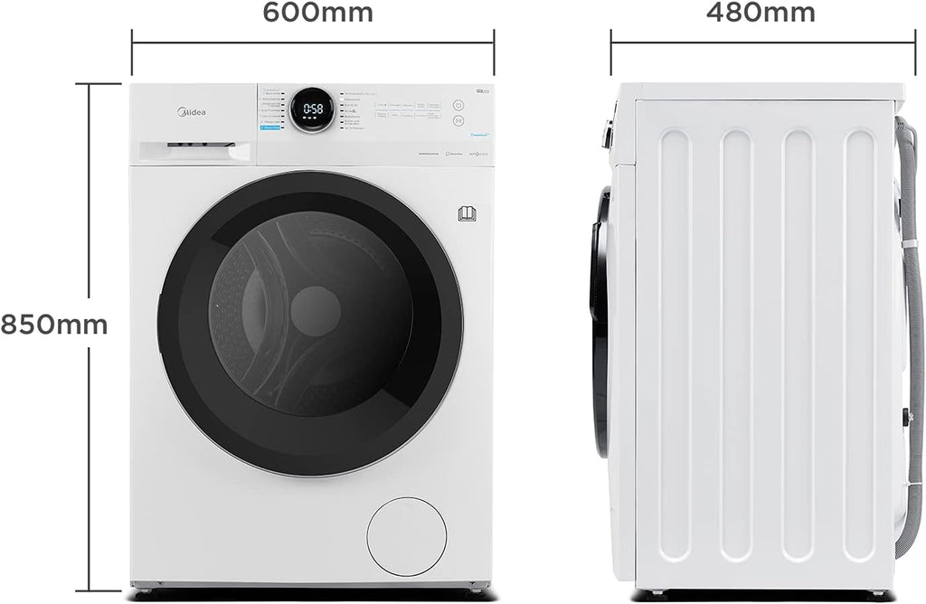 Lavasciuga Midea MF200D86WB-14EAS, 8/6kg lavaggio/asciugatura, Motore Inverter, Refresh, 60 min. Lavaggio e Asciugatura, Steam Care, Turbo Wash, 48 cm profondità, Controllo APP, AquaStop