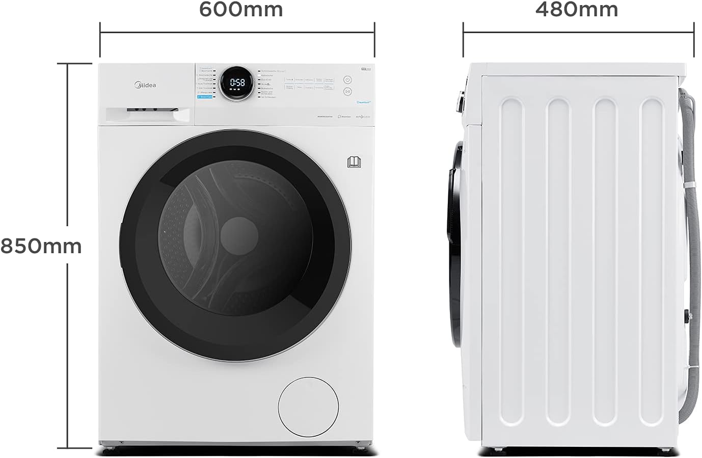 Lavasciuga Midea MF200D86WB-14EAS, 8/6kg lavaggio/asciugatura, Motore Inverter, Refresh, 60 min. Lavaggio e Asciugatura, Steam Care, Turbo Wash, 48 cm profondità, Controllo APP, AquaStop