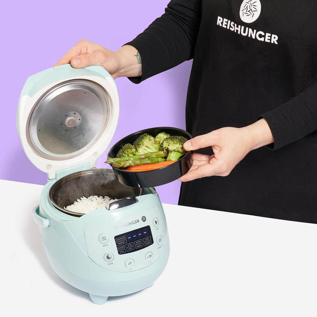 REISHUNGER Cuociriso digitale piccolo, nero | Da 0,6 L fino a 3 persone | Funzione mantenimento calore, timer e pentola premium | Multicooker e vaporiera piccoli, 8 programmi, tecnologia a 7 fasi