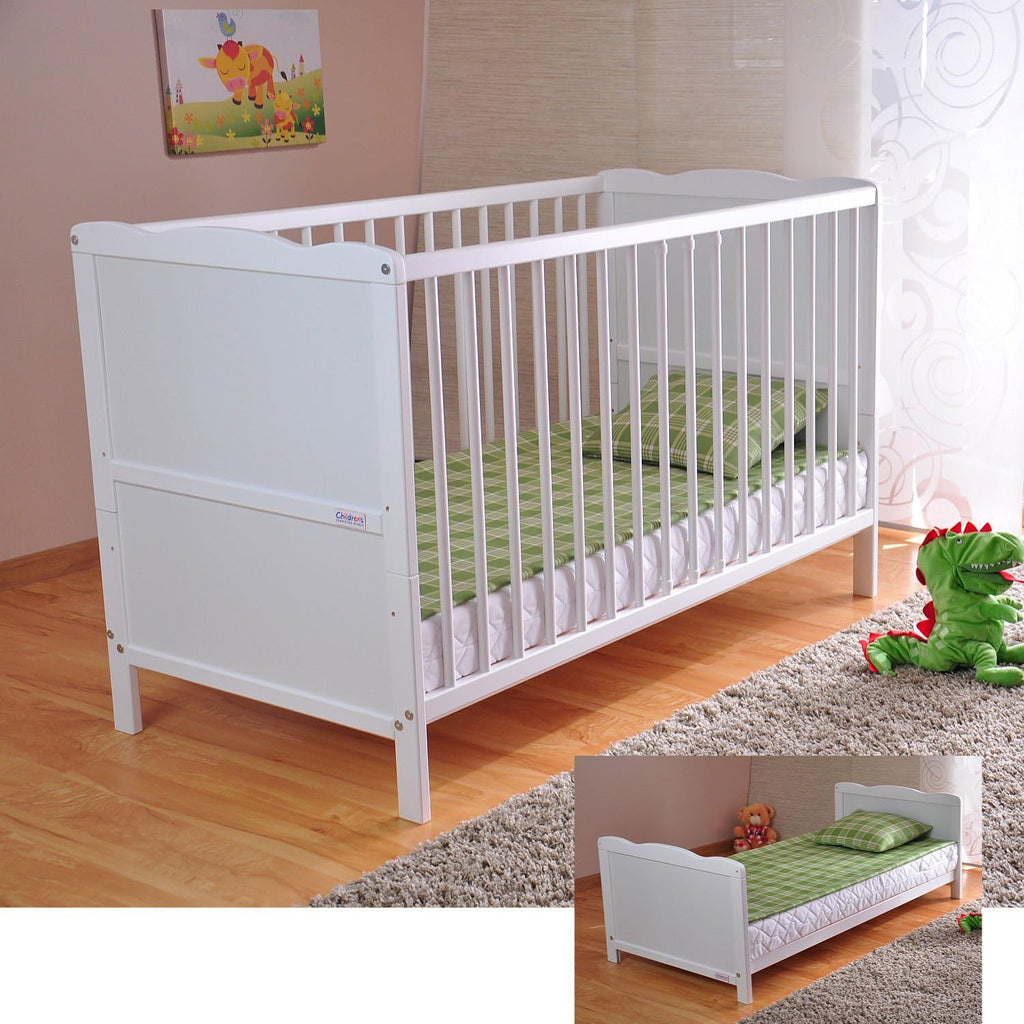 Marsell Baby Lettino a sbarre per neonati e bambini con materasso in schiuma di aloe vera, sbarre dentizione e altezza regolabile Bianco, trasformabile in lettino junior
