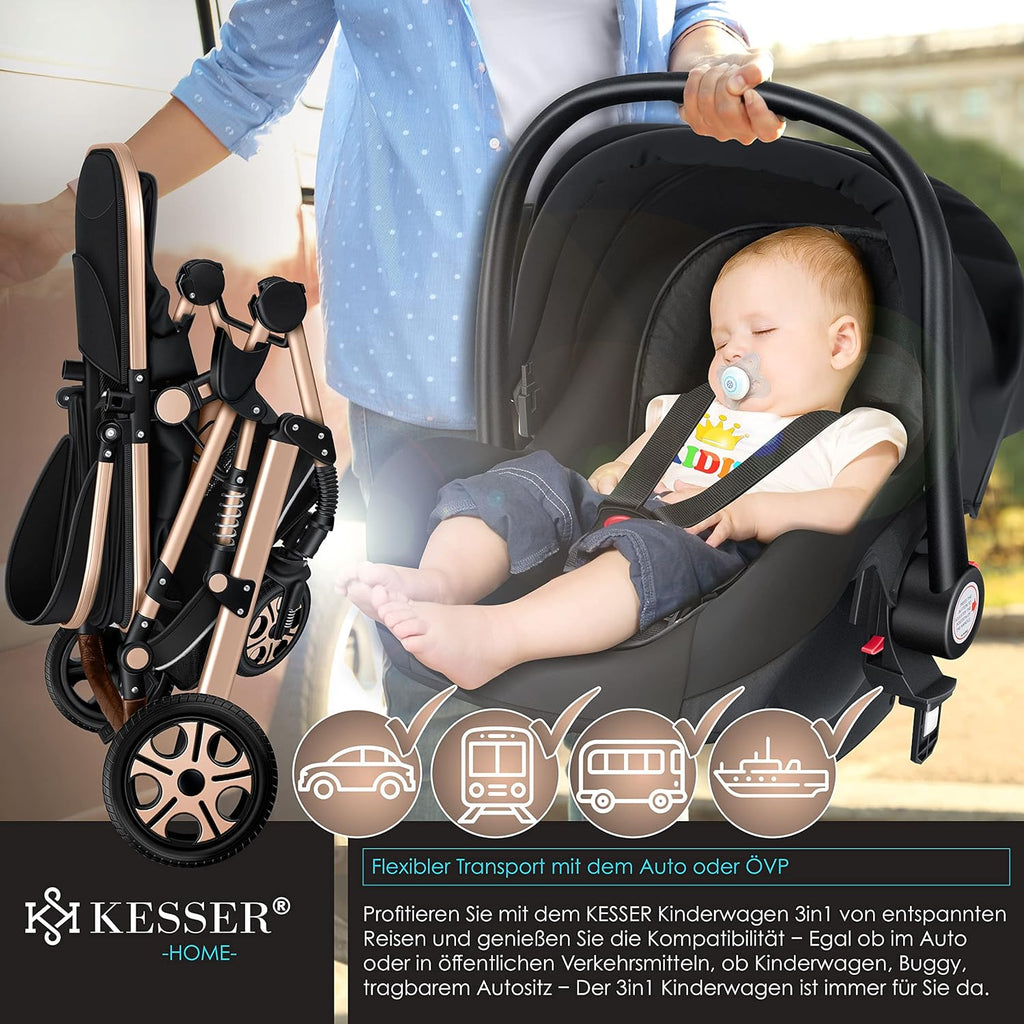KESSER Loops 3 in 1 Passeggino Combinato, Set Completo con Navicella, Seduta Sportiva Buggy e Seggiolino Auto Ovetto, Gomme Piene, Borsa Fasciatoio, Parapioggia, Tavolino, ECE R129, Nero/Champagne