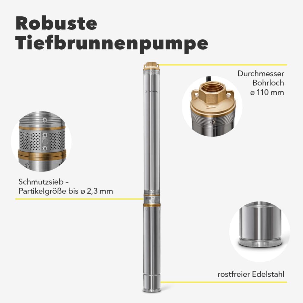 TROTEC Tiefbrunnenpumpe TDP 7501 E – Wasserpumpe mit Fördermenge 6000 l/h, 1100 W – Förderhöhe 90 m, ø 8,6 cm, IP68 für Pumpe, Edelstahlpumpe