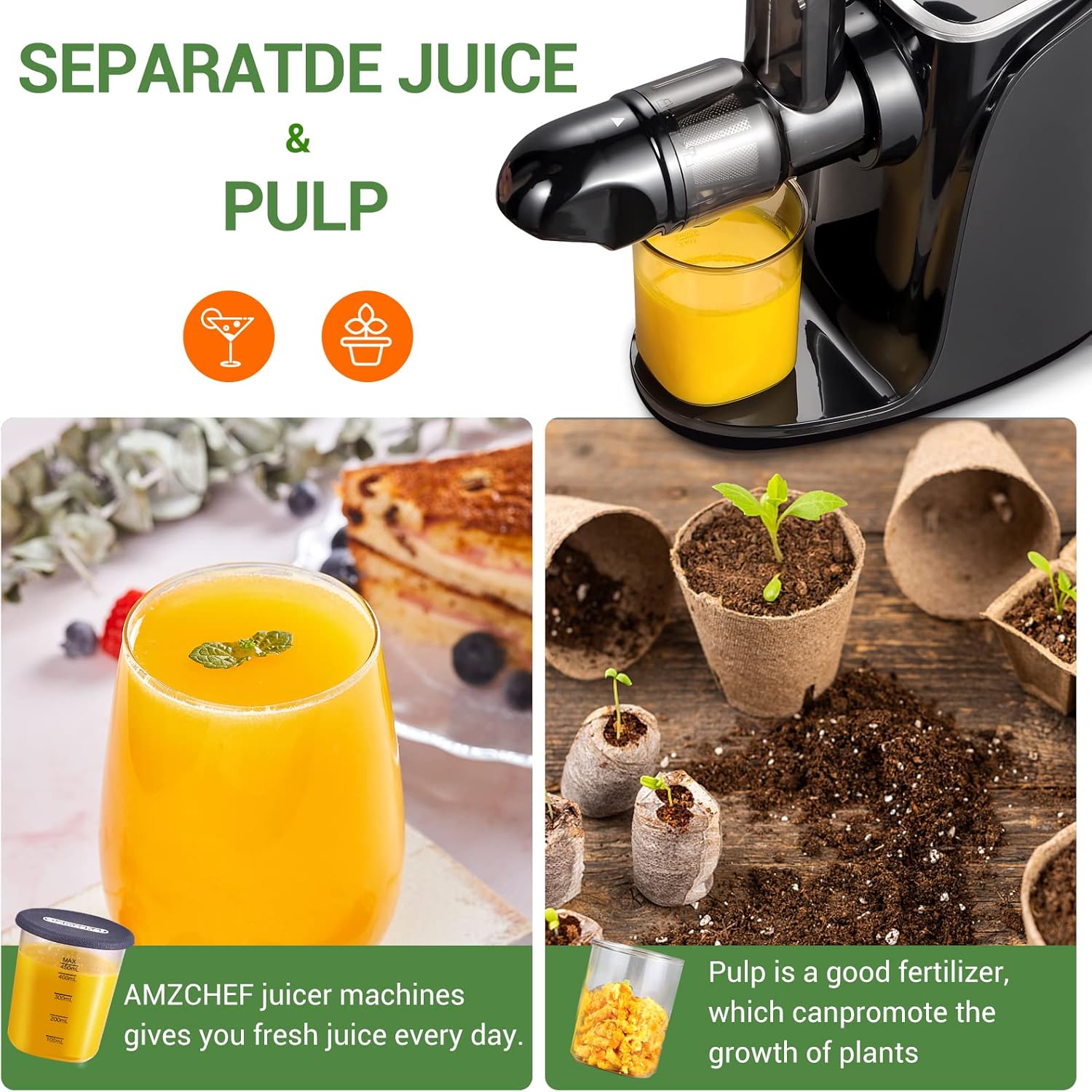 AMZCHEF Estrattore di Succo per Frutta e Verdura con 2 Modalità di Velocità - Slow Juicer con Bottiglia Portatile e 2 Tazze - Cold Press Juicer Senza BPA con LED Intelligente e Funzione di Inversione - Nero