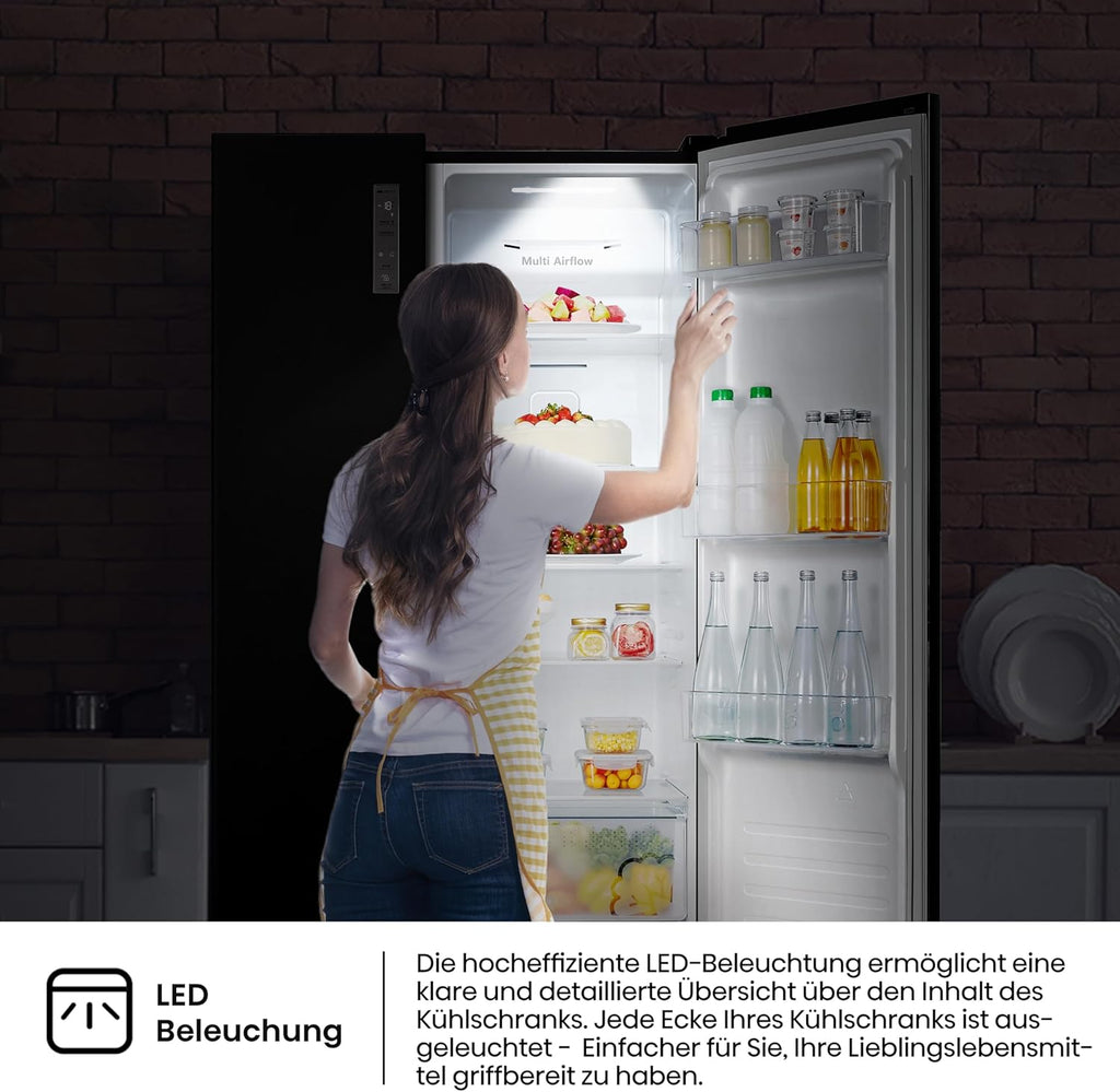 Hisense RS677N4BFD Frigorifero Americano Side by Side / Compressore Inverter / Porta Bottiglie / 2 FreshZone / Vano Verdure / Capacità Frigo 334 L / Capacità Congelatore 185 L / 41 dB / 247 kWh all'anno, Nero