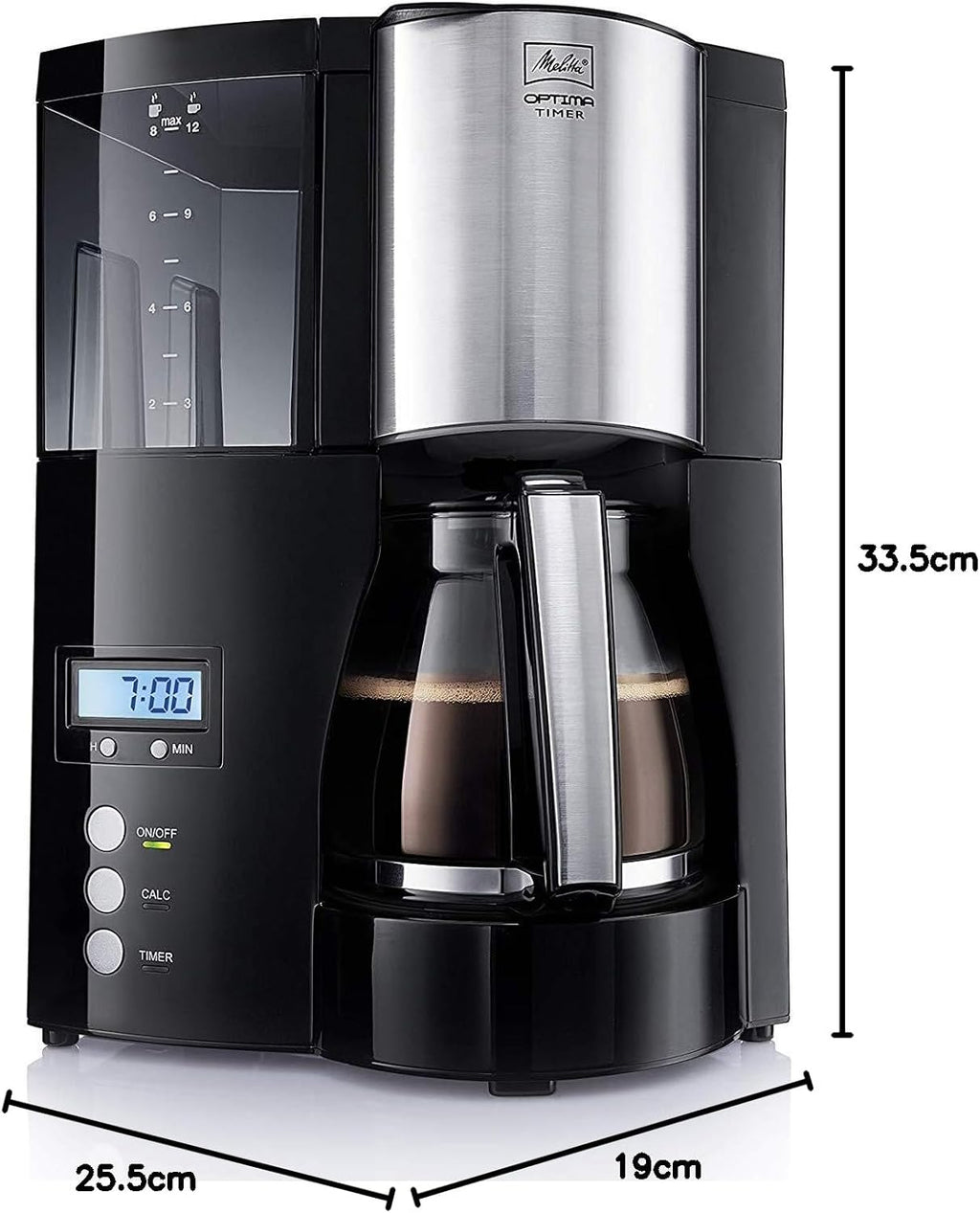 Melitta Optima Timer – Macchina da caffè con timer, macchina da caffè americano con caraffa in vetro e serbatoio dell'acqua rimovibile, per un massimo di 8 tazze di caffè, nero