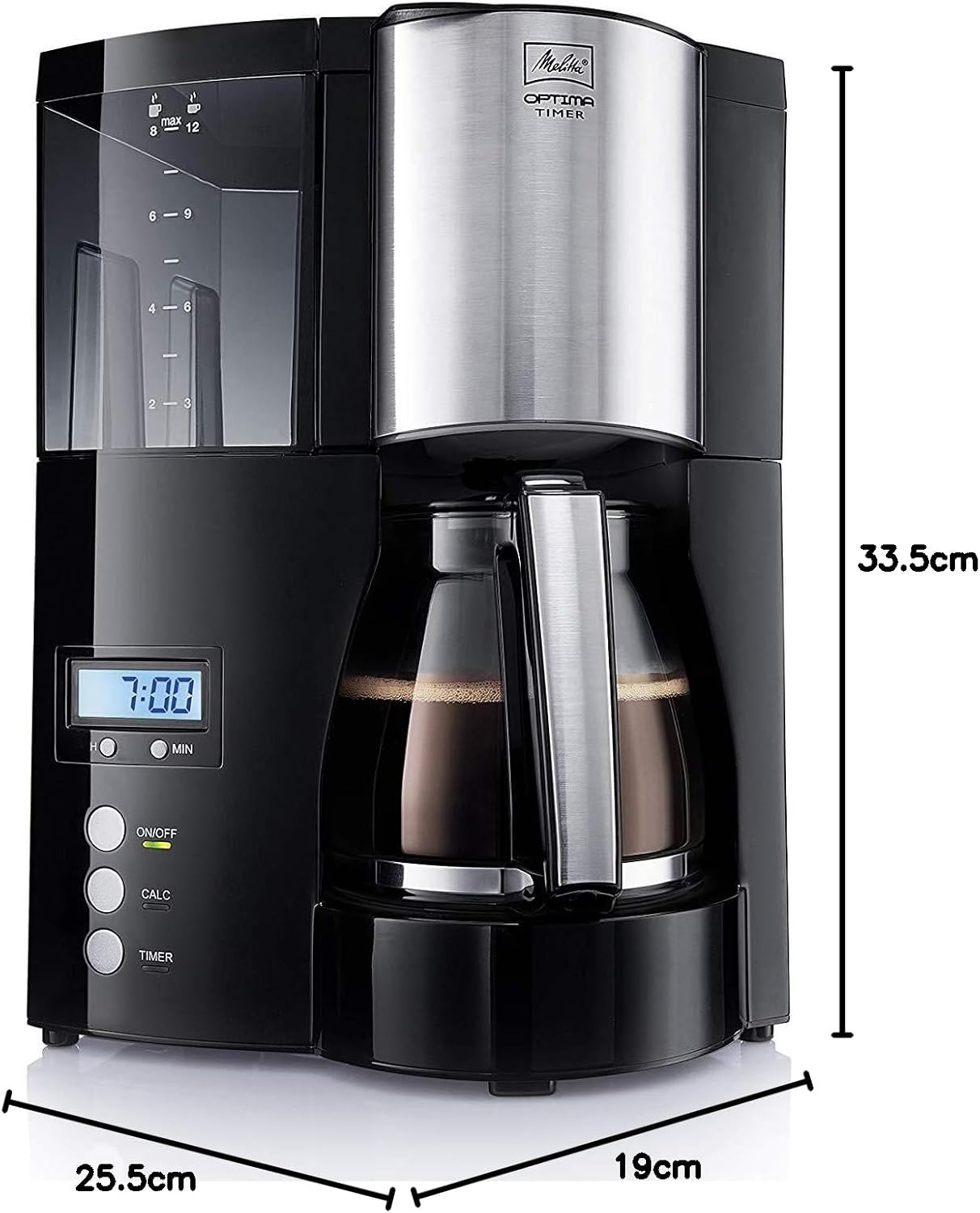 Melitta Optima Timer – Macchina da caffè con timer, macchina da caffè americano con caraffa in vetro e serbatoio dell'acqua rimovibile, per un massimo di 8 tazze di caffè, nero