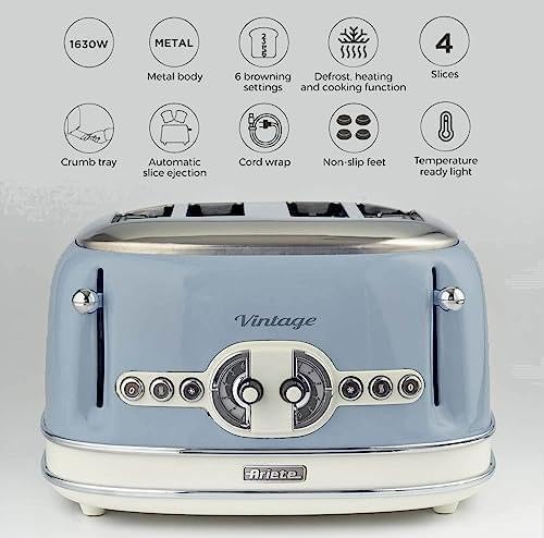 Ariete Vintage 156, 4-Scheiben-Toaster, Retro Toaster mit 6 Toaststufen, Automatischer Auswurf, Auftaufunktion, Herausnehmbares Krümelfach, Gehuse aus Edelstahl, 1600W, Beige