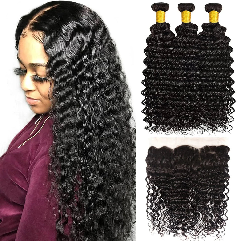 LavishBeauty Deep Wave Haarverlngerungen mit Transparentem Lace Frontal