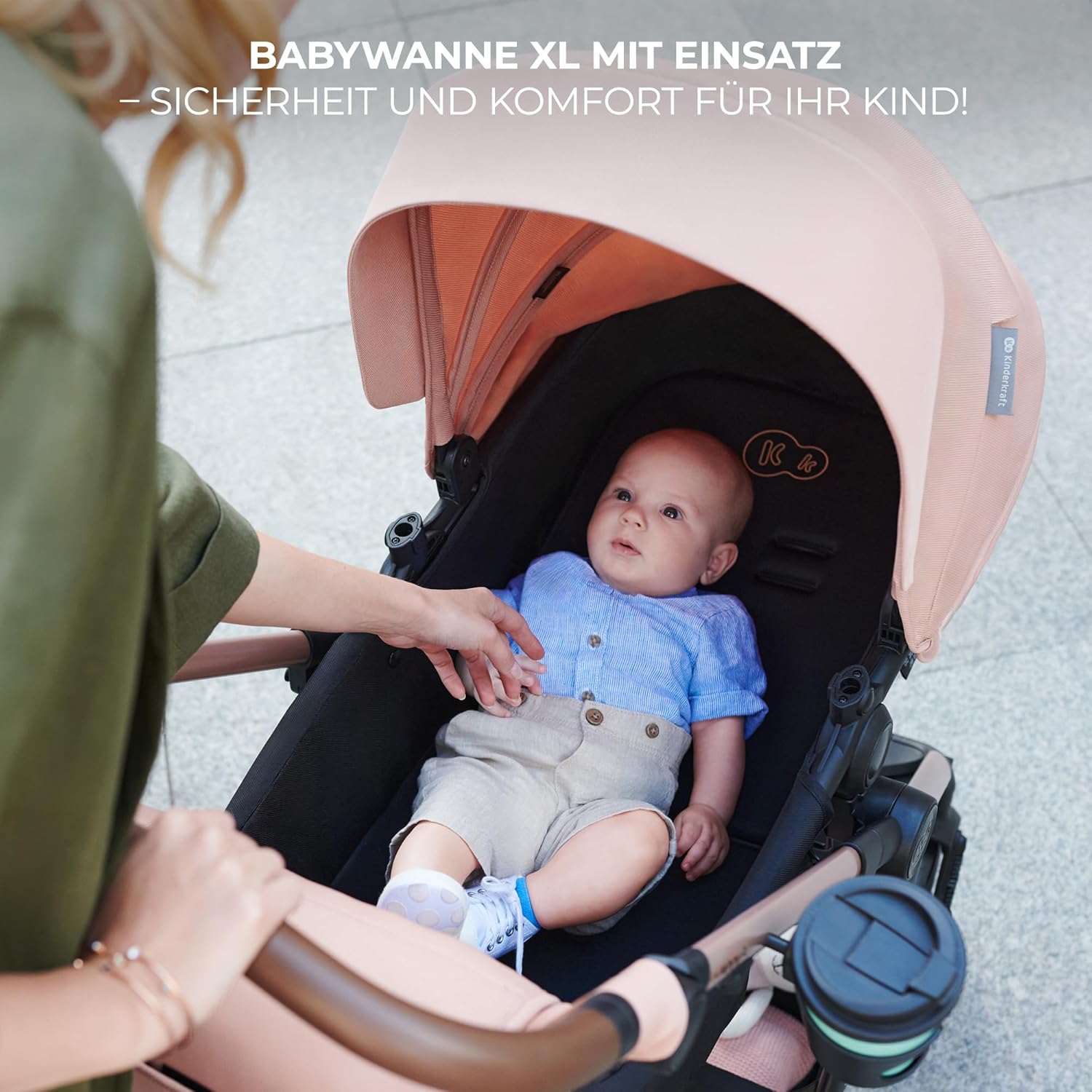 Kinderkraft MOOV2 AIR Passeggino 3 in 1, Set da 26 kg con seggiolino auto I-SIZE 40-75 cm, funzione passeggino, schienale reclinabile, ampia cappottina estensibile, ruote gonfiabili, grigio
