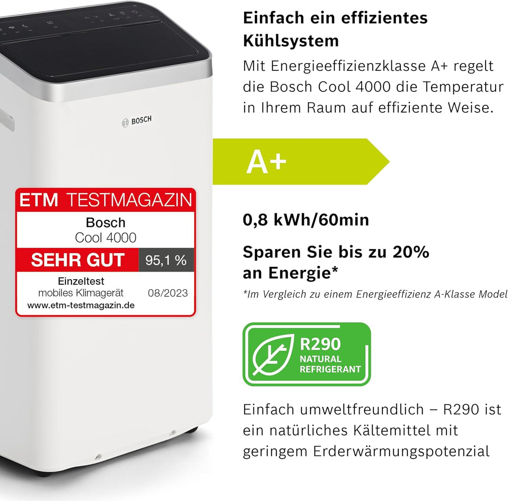 Bosch Cool 4000 Climatizzatore Mobile - 3-in-1: Climatizzatore, Deumidificatore, Ventilatore - 2,6 kW per ambienti fino a 35m² - Con modalità automatica, silenziosa e notturna