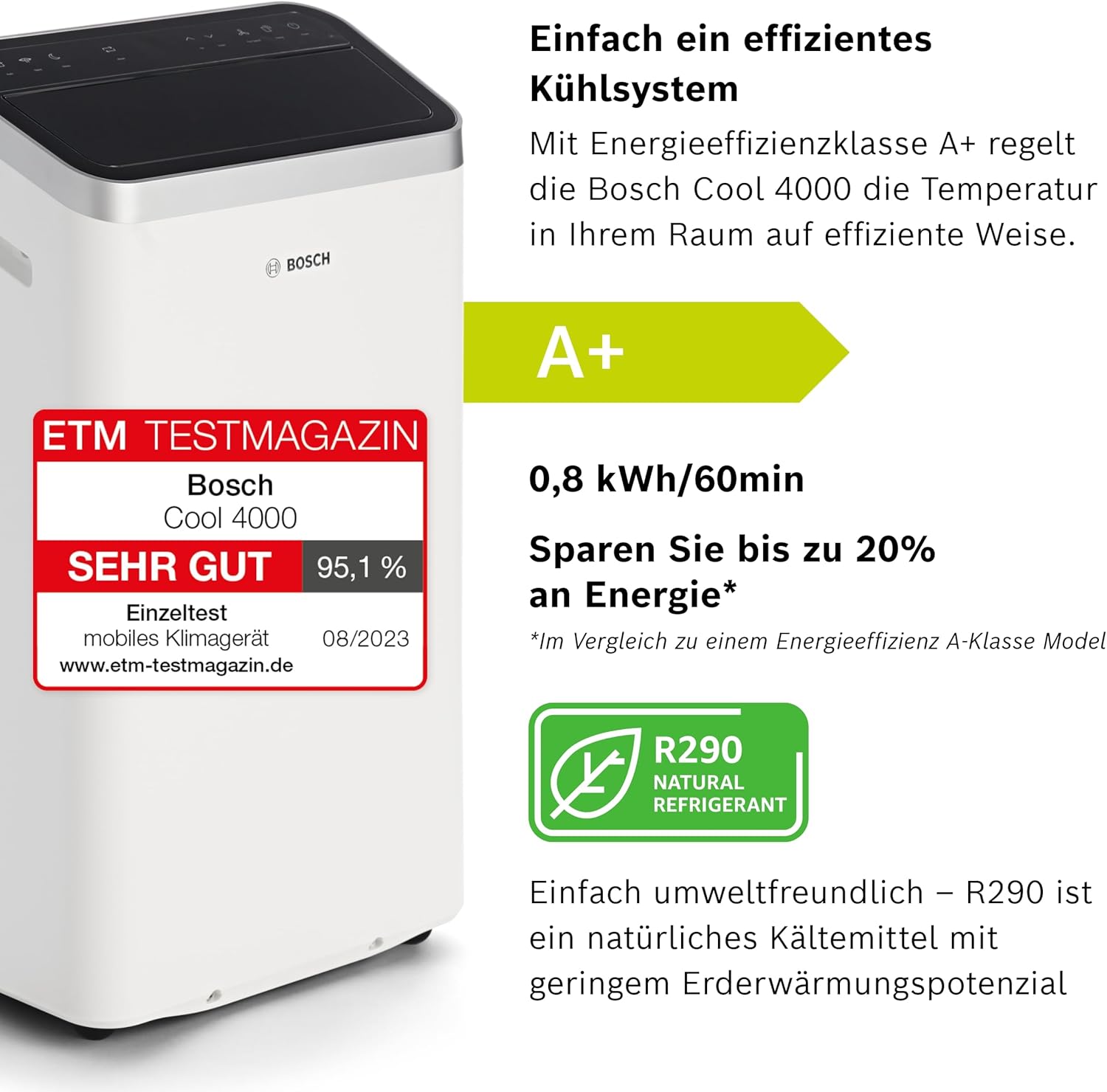 Bosch Cool 4000 Climatizzatore Mobile - 3-in-1: Climatizzatore, Deumidificatore, Ventilatore - 2,6 kW per ambienti fino a 35m² - Con modalità automatica, silenziosa e notturna