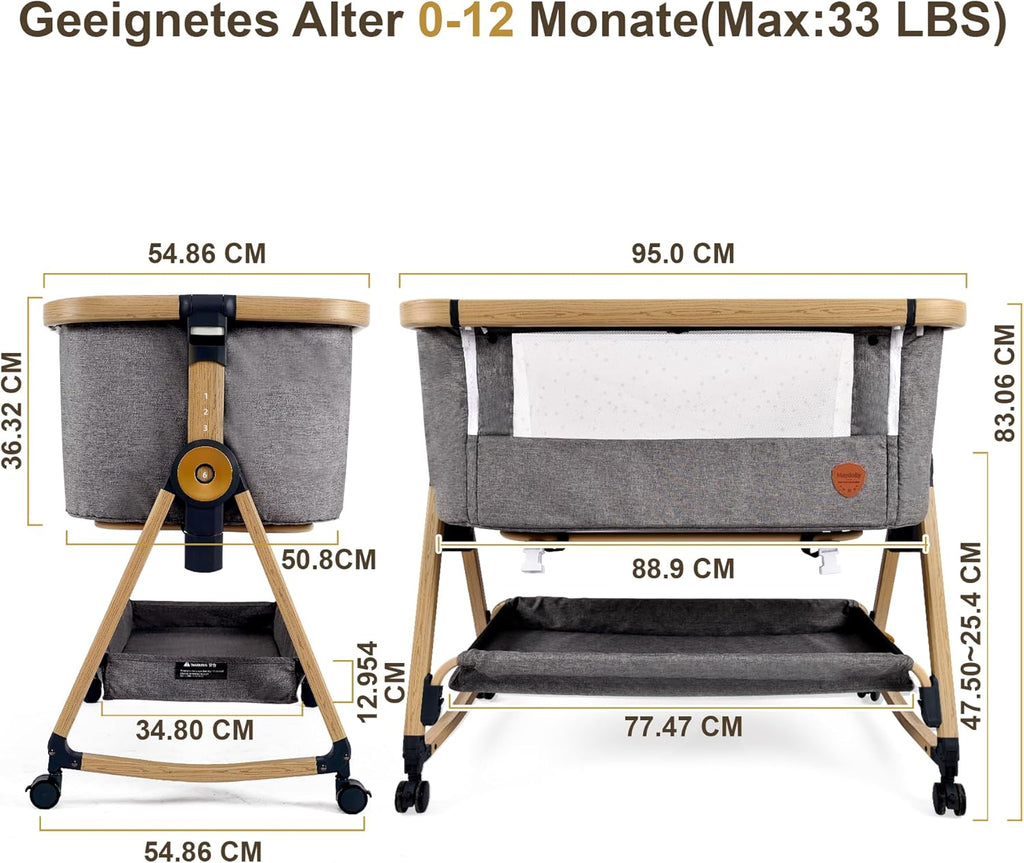 Maydolly Beistellbett 3 in1 Babybetten Tragbar Babybett mit atmungsaktivem Netz und Laken, Verstellbarer Stubenwagen Beistellbett Grau