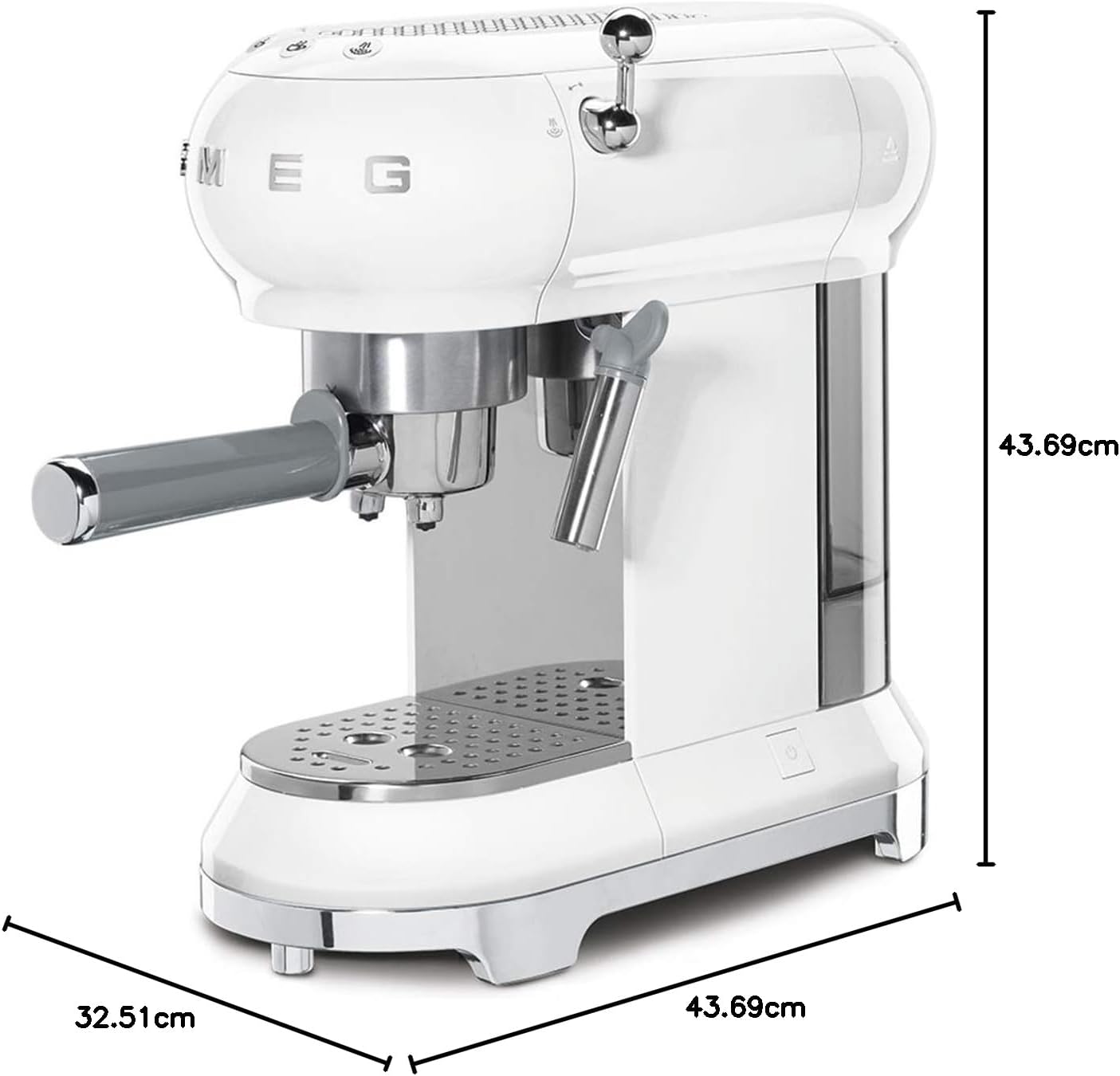 Smeg, ECF01WHEU Macchina da Caffè Espresso Manuale, Sistema Cappuccino, Thermoblock, Alloggiamento Tazze Grandi e Funzione Doppio Caffè, Serbatoio Acqua 1 l, Dimensioni Compatte, 1350W, Bianco
