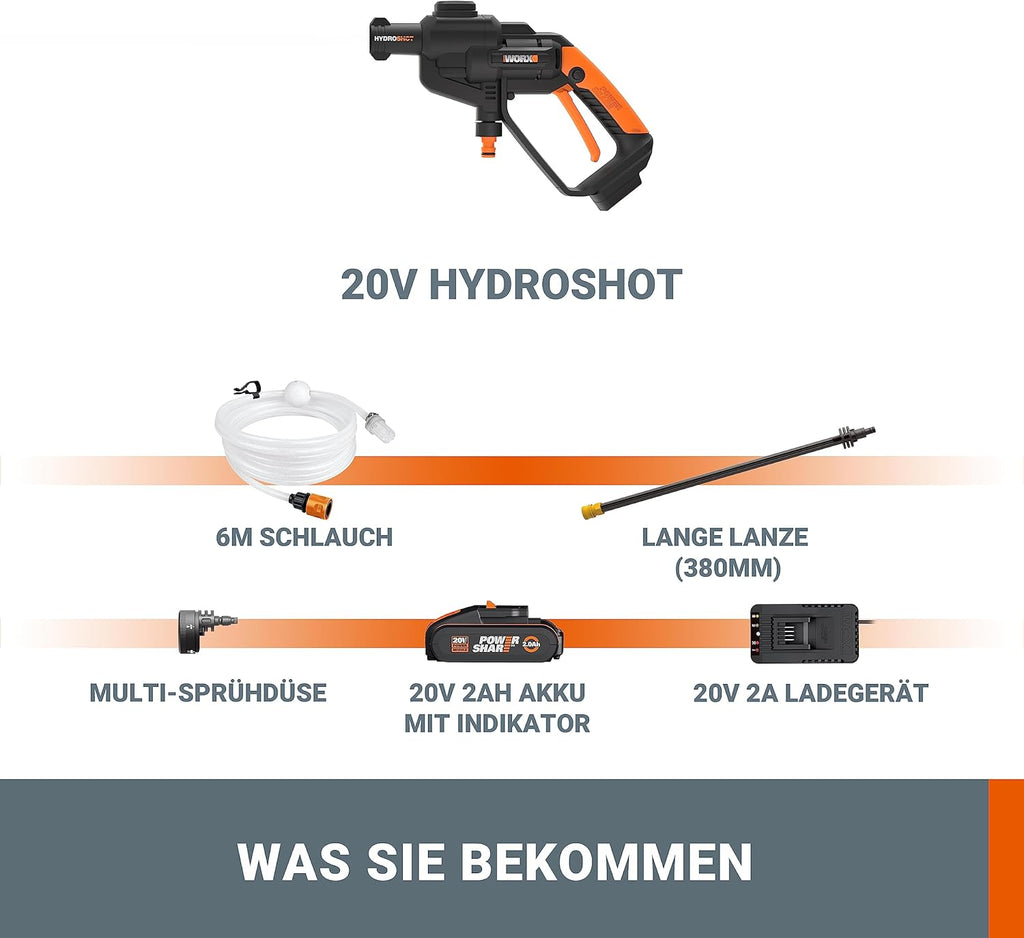 WORX WG620E.2 Akku Hochdruckreiniger Hydroshot 20V – Mobiler Hochdruckreiniger inkl. Multi-Sprühdüse, Waschbürste, Schaumdüse, Flaschenadapter, 6m Schlauch, Ladegerät & 20V Li-Ion Akku