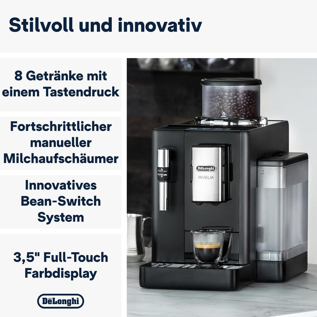 De'Longhi Rivelia EXAM440.55.W Macchina da Caffè Automatica con Sistema LatteCrema, Contenitore chicchi intercambiabile, 16 bevande caffè e latte con un solo tocco, Funzione Extra Shot, Display Touch da 3,5 pollici, Bianco