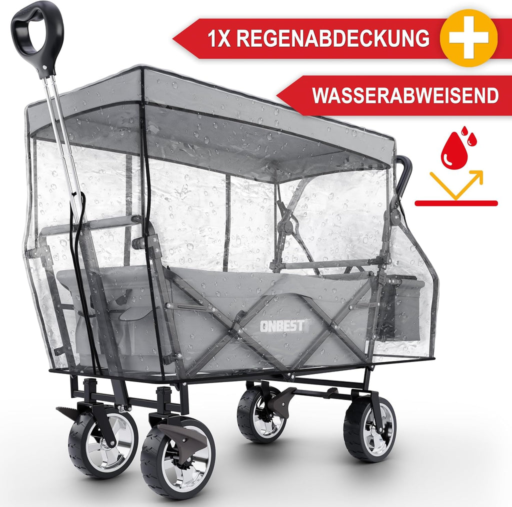 ONBEST Carretto Pieghevole - Con Parapioggia - Carrello Pieghevole con Tetto 100 kg di Carico - Tetto Parasole - Borsa Termica - Portabicchieri - Outdoor - Carrello da Spiaggia Pieghevole (Nero)